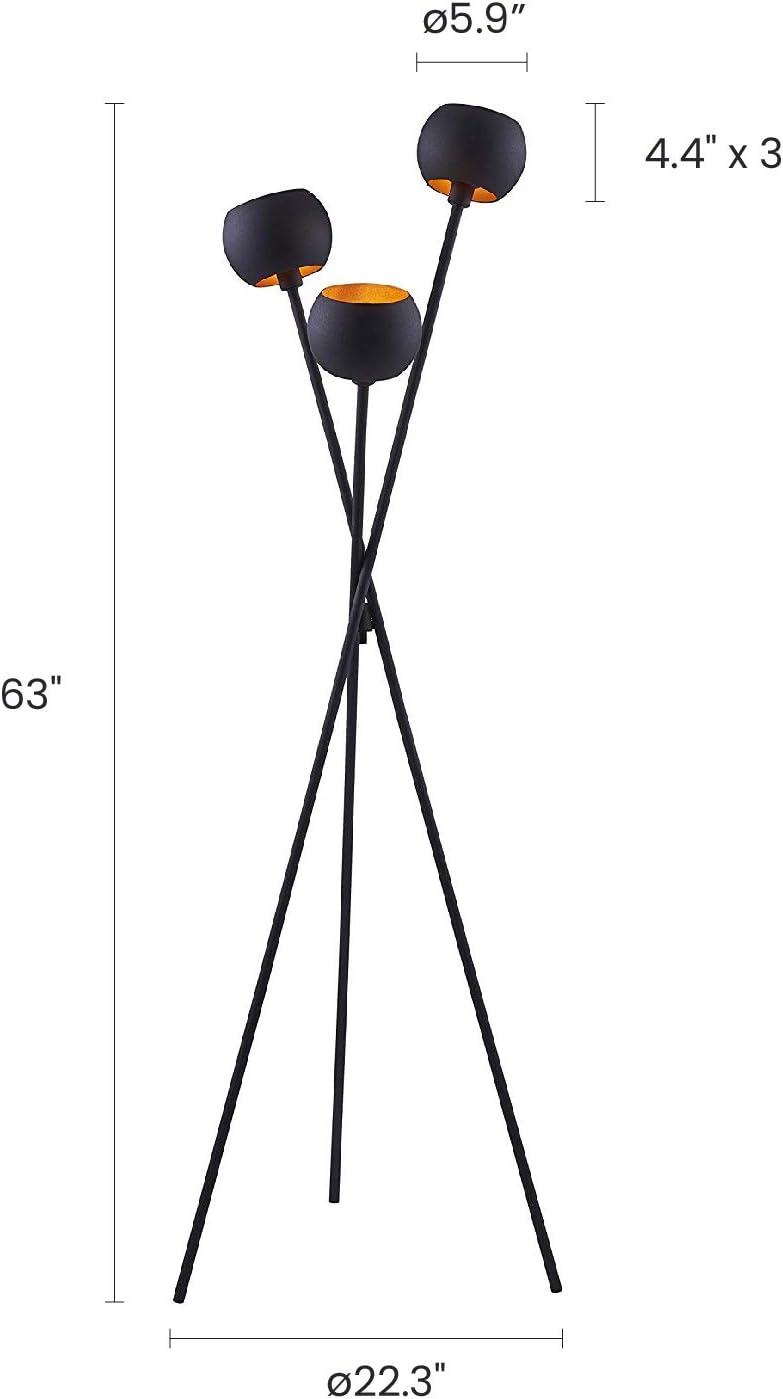 Tripod Floor Lamp - Black Modern Floor Lamp with 3 Matte Black Globe Head & Interwining Tripod Legs Perfect for Mid-Century Living Room and Bedroom