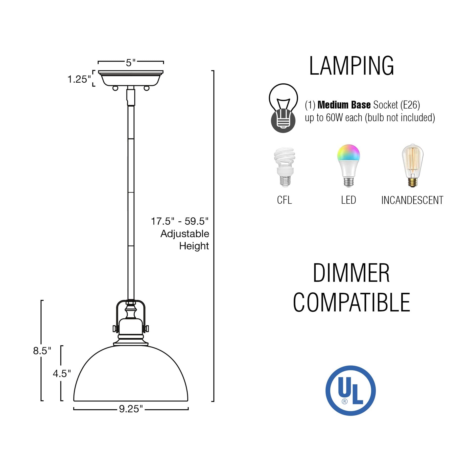 9" Contemporary Industrial Pendant Light, Adjustable Length + Shade Swivel Joint, Brushed Brass Finish