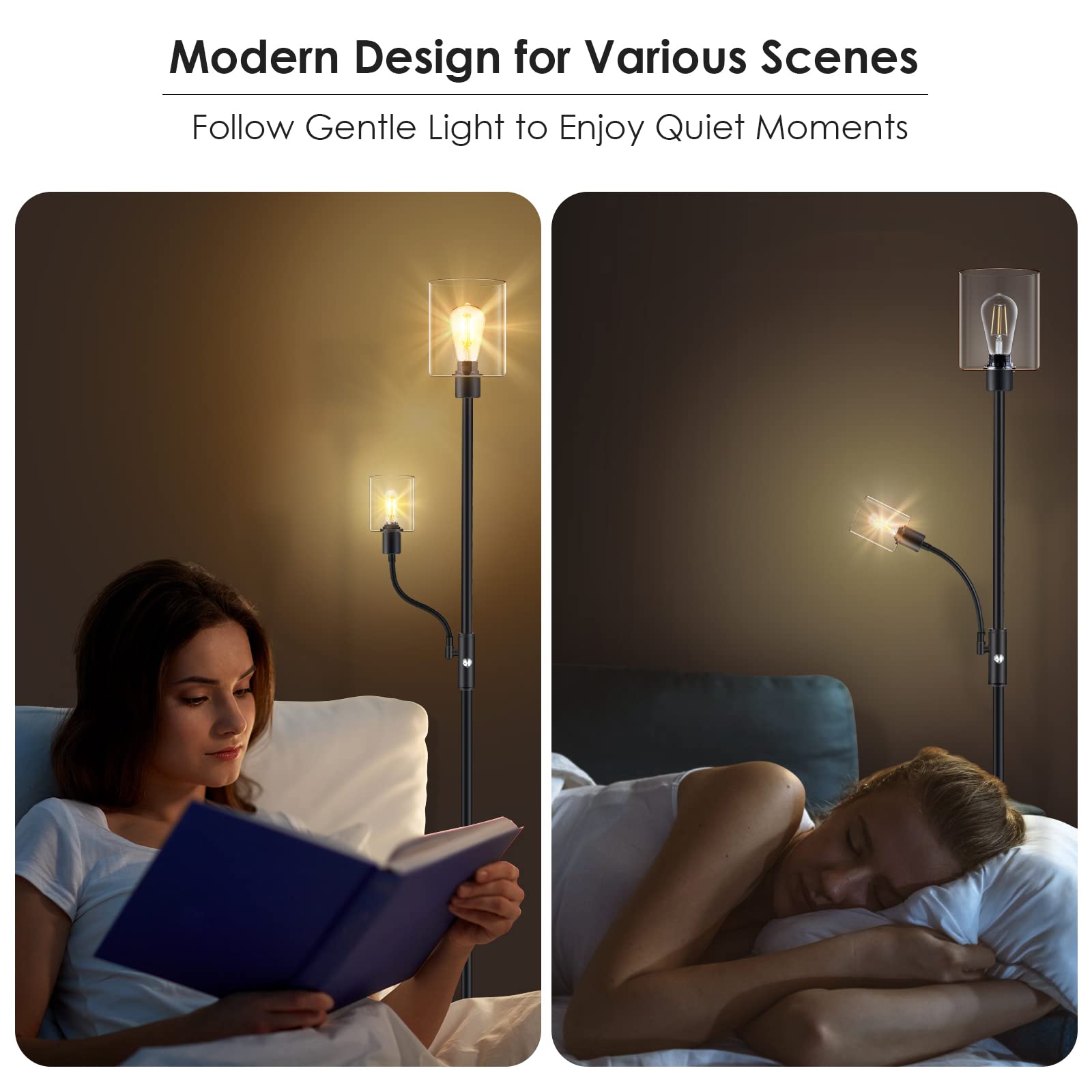 Floor Lamp, 6W Black Modern Floor Lamp with 4W Adjustable Reading Lamp, 2700K Energy-Saving LED Bulbs Included, Industrial Bright Floor Lamp for Bedroom, Living Room and Office