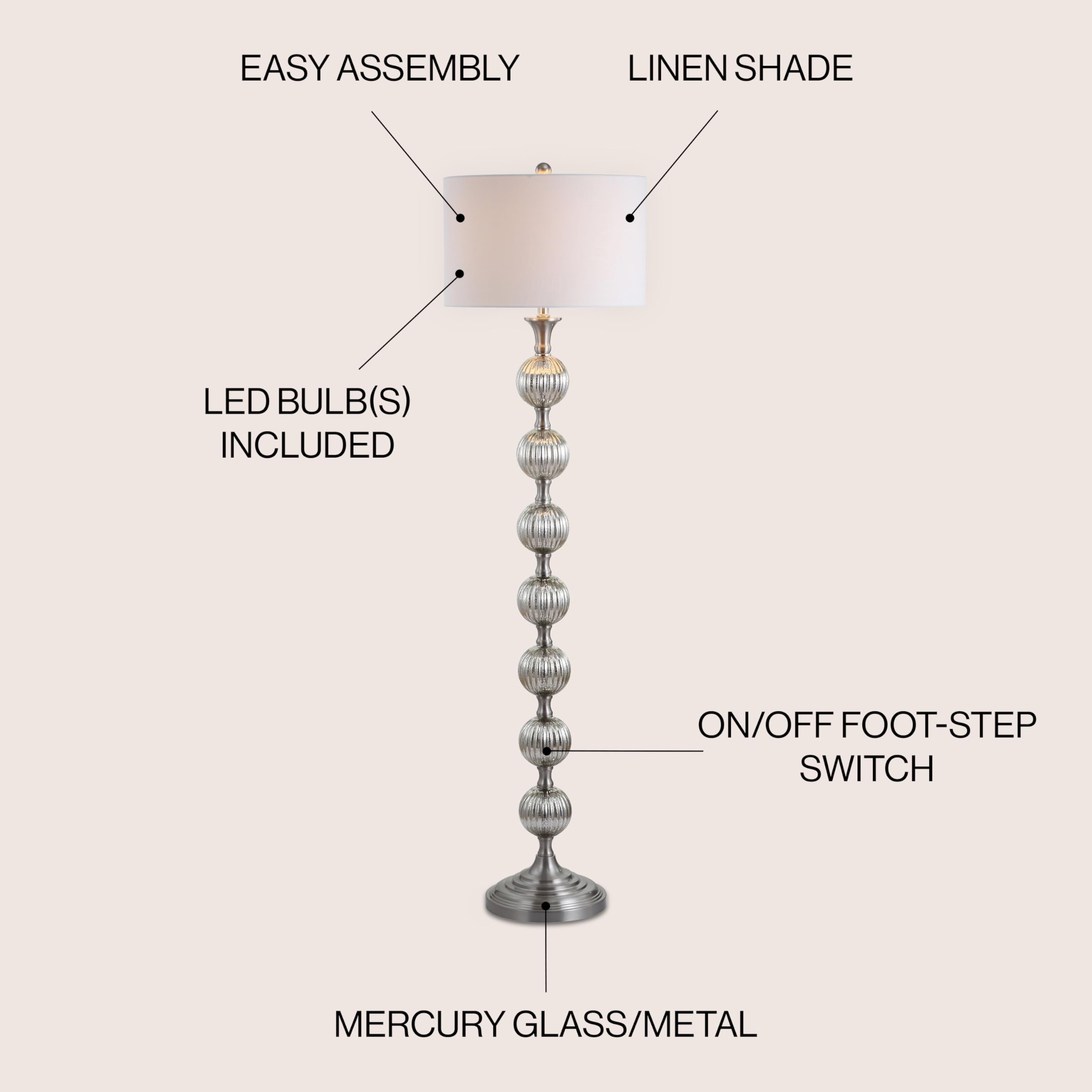 Glass/Metal LED Floor Lamp, Contemporary, Modern, Traditional, Elegant, Office, Living Room, Family Room, Dining Room, Bedroom, Hallway, Foyer, Mercury Silver