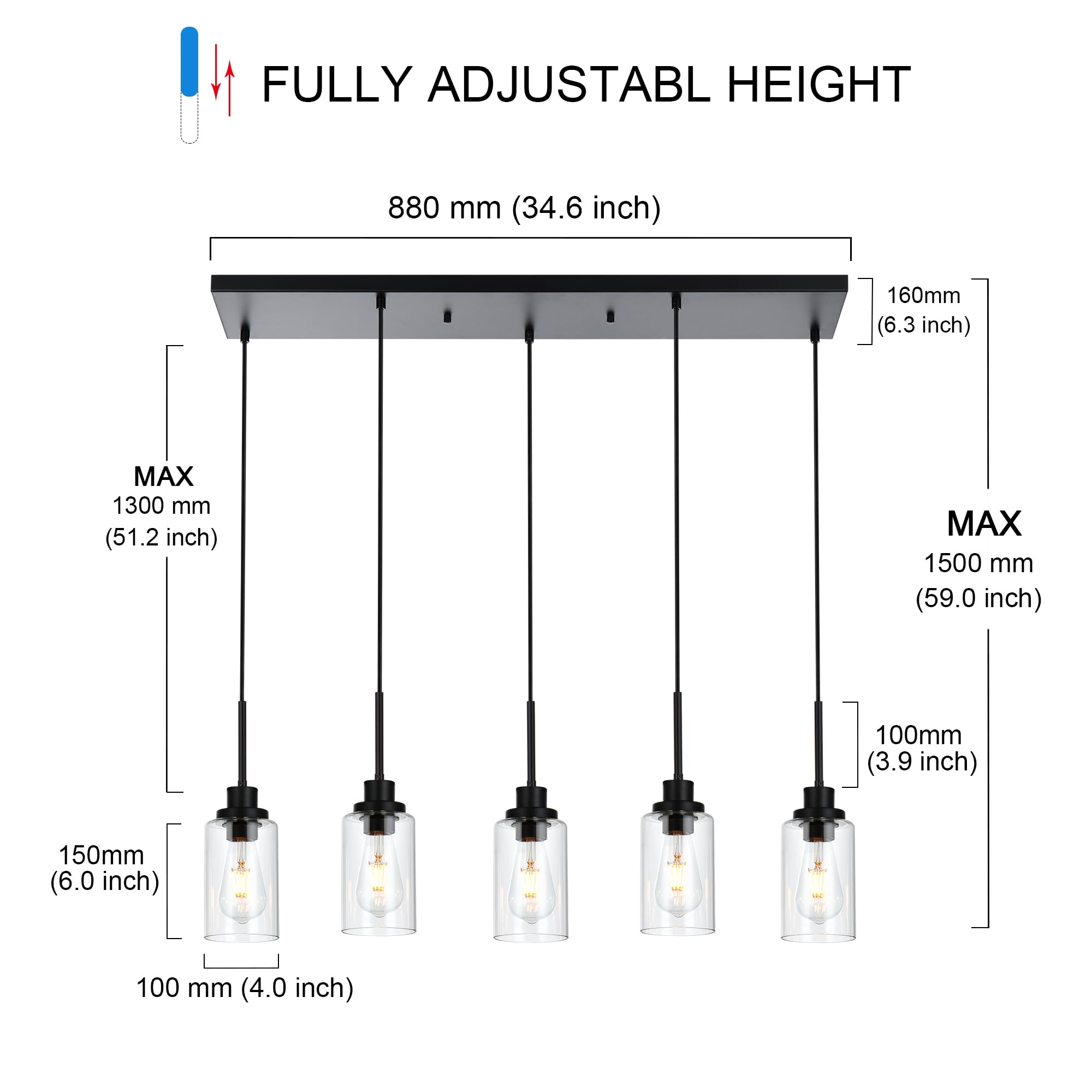 Black Pendant Lights for Kitchen Island, 5-Light Dining Room Light Fixtures Linear Chandeliers with Clear Glass Shade, DIY Hanging Lamp Ceiling for Dining Room Kitchen Bar