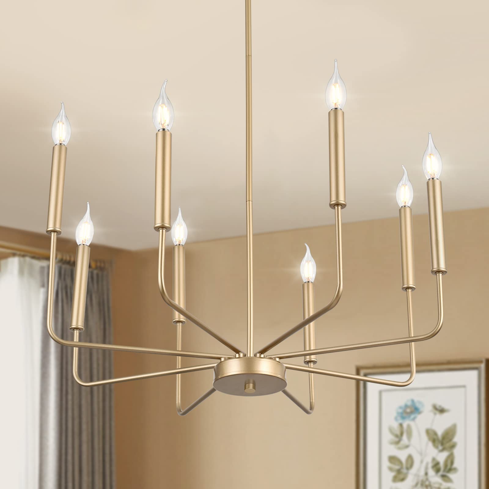 Modern Gold Farmhouse Chandeliers, 8-Light Industrial Metal Chandelier Lighting, Classic Candle Hanging Pendant Light Fixtures for Kitchen Bedroom, Dining Room, Living Room,Foyer UL Listed