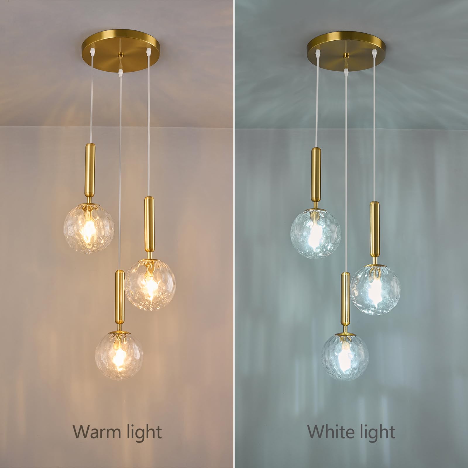 Mid Century Globe Pendant Light with Clear Glass for Kitchen Island Modern Gold Finish Hanging Light Fixture Retro Round Pendant Lighting for Living Room Bedroom Entryway(3-Light)