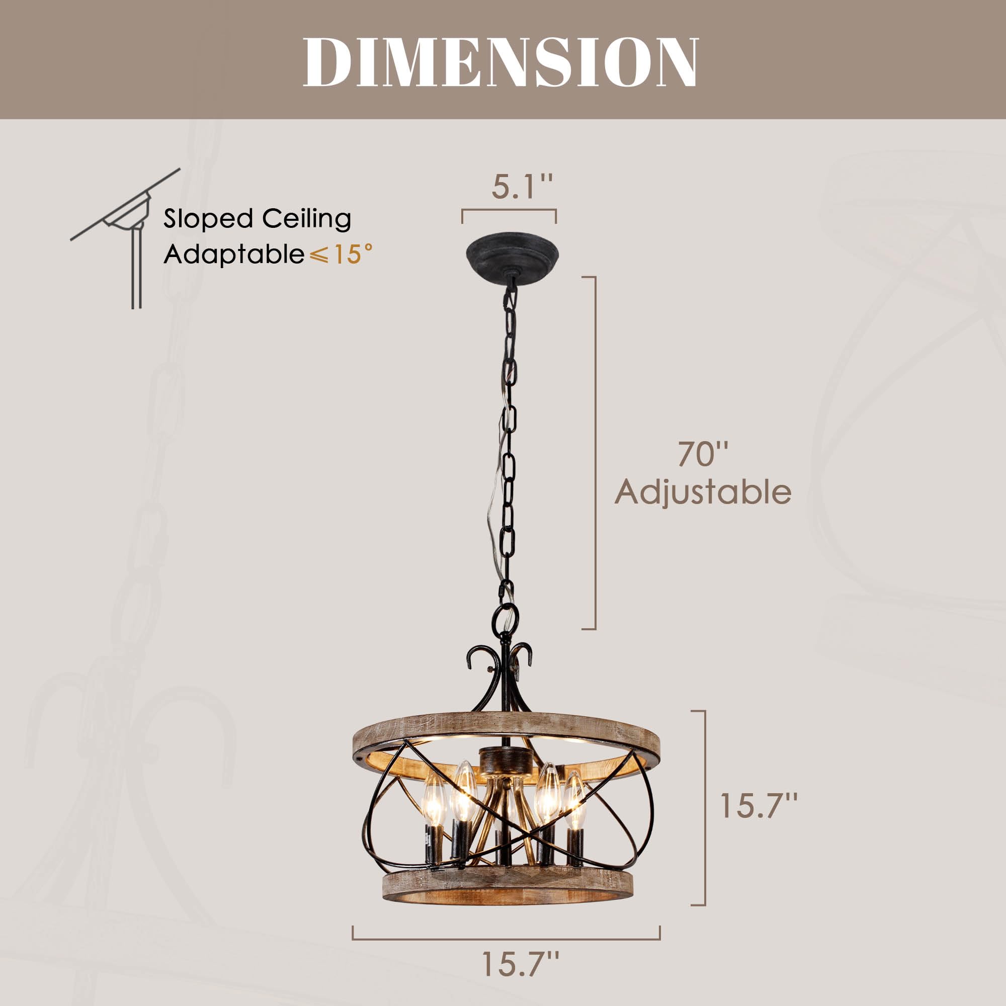 Rustic Farmhouse Chandelier, 4-Light Handmade Wood Pendant for Kitchen, Dining, Foyer, W19.7 x H21.6, Weathered Wood