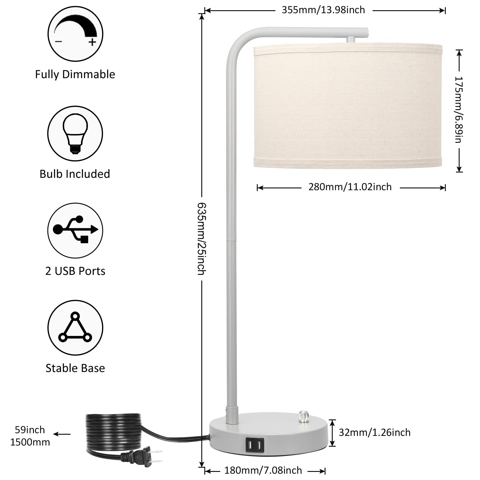 USB Bedside Lamp, Industrial Side Table Lamp with Dual USB Charging Ports, Fully Dimmable Nightstand Lamp, Tall Reading Lamp Desk Lamp for Bedroom, Living Room, Office, 9W LED Bulb Included