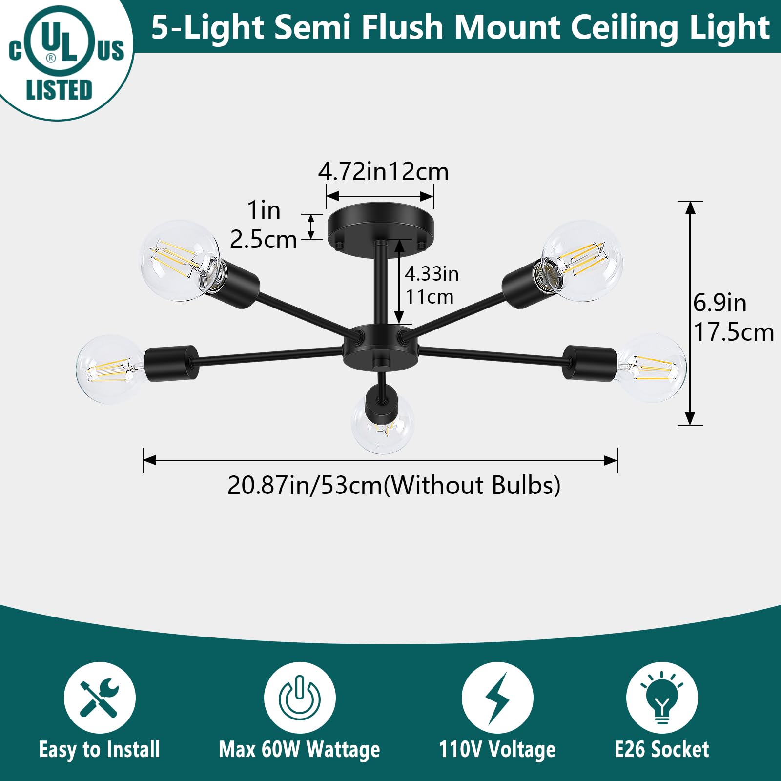 6-Lights Semi Flush Mount Ceiling Light, Matte Black Close to Ceiling Lighting with E26 Base, Modern Sputnik Light Fixtures for Kitchen Dining Room Bedroom Living Room