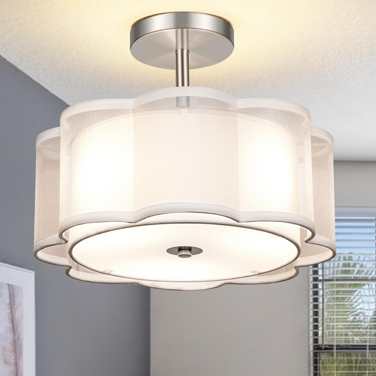 3-Light Semi Flush Mount Ceiling Light Fixture - Easric Modern Light Fixtures Ceiling Mount Drum Light Fixture with Double Fabric Shade Closed to Ceiling Lamp for Bedroom Kitchen Hallway Foyer, White