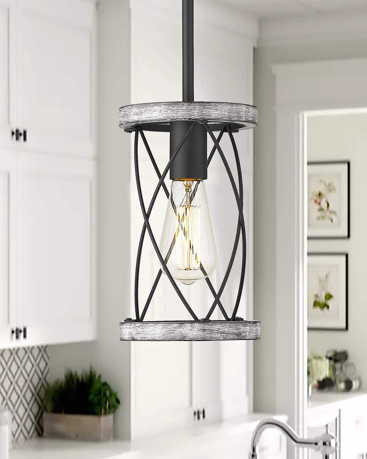 Pendant Light Fixtures, Farmhouse Wood and Glass Pendant Lighting for Kitchen Island, Rustic Length Adjustable MD89437