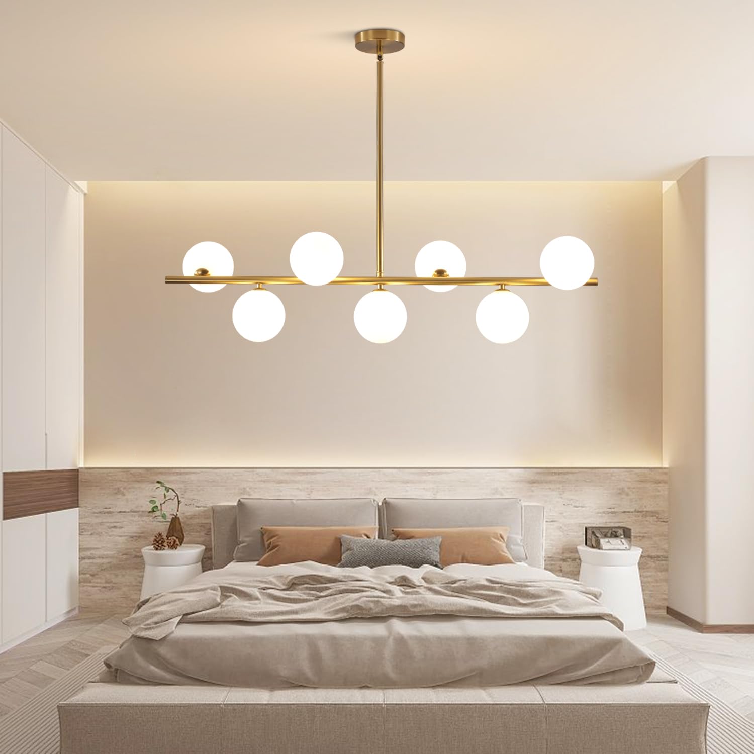 BOKT Modern Gold Chandelier 7-Lights Frosted Glass Globe Pendant Light Kitchen Island Linear Hanging Lighting Fixtures for Living Room Bedroom Dining Room Corridor