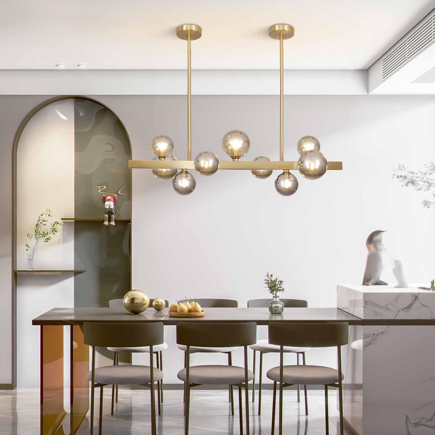 BOKT Modern Gold Chandelier 7-Lights Frosted Glass Globe Pendant Light Kitchen Island Linear Hanging Lighting Fixtures for Living Room Bedroom Dining Room Corridor