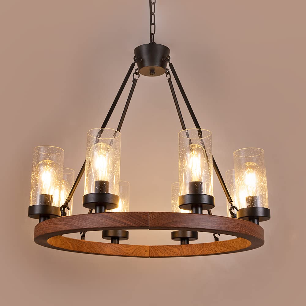 Matte Black Wagon Wheel Chandeliers Bubble Glass Shade, Farmhouse 30” 8-Light Iron Chandelier, Industrial Rustic Hanging Ceiling Light Dining Room Kitchen Bedroom Living Room Foyer Hallway