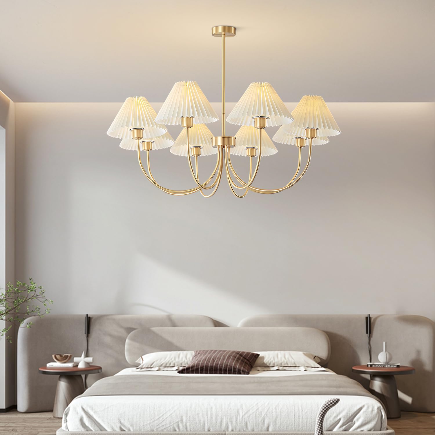 Lighting 3-Lights Pleated Chandelier White Fabric Pendant Light Fixtures Mid Century Modern Gold Sputnik Chandelier Vintage Classic Chandeliers for Dining Room Bedroom