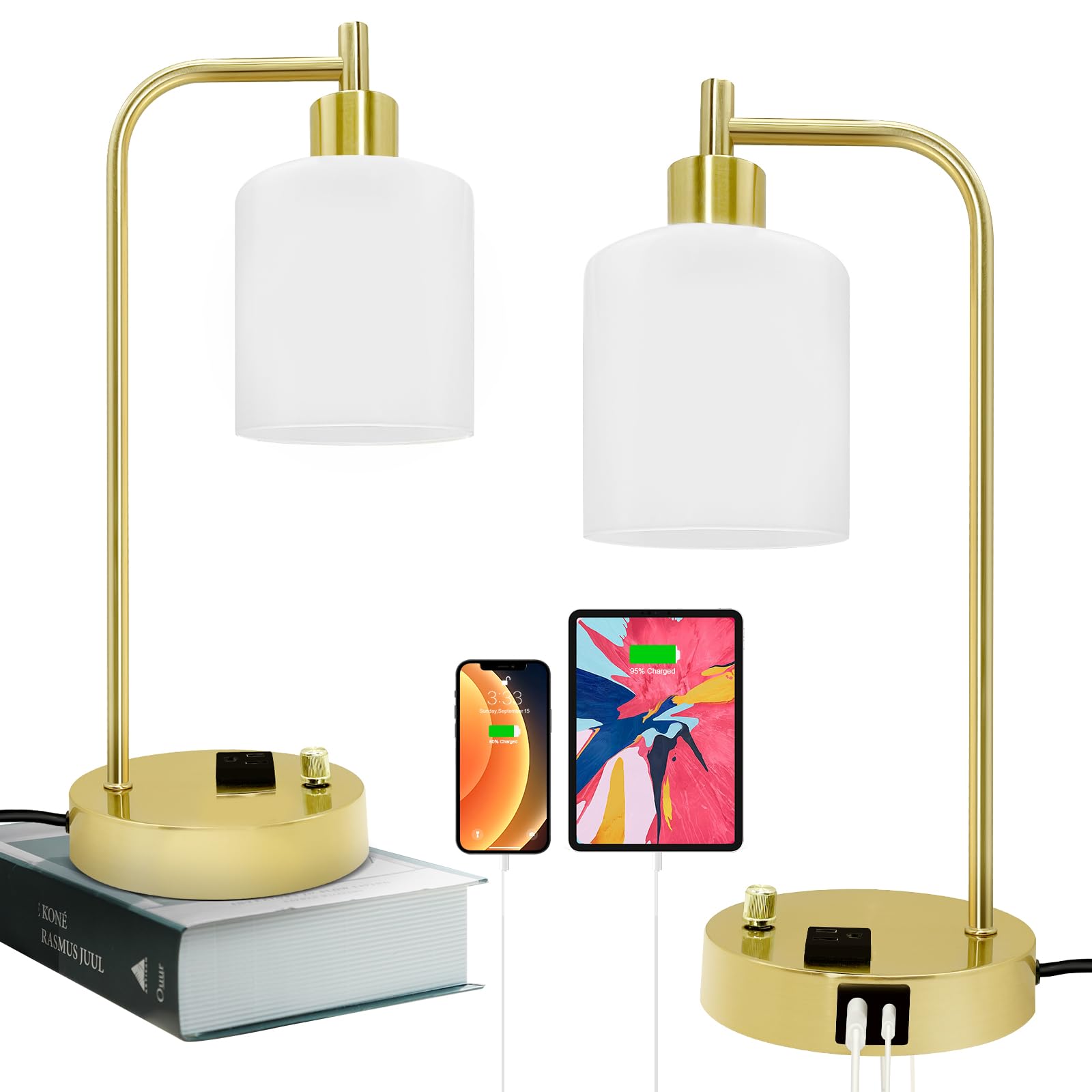 Industrial Table Lamp, Stepless Dimmable Gold Desk Lamp with 2 USB Ports and AC Power Outlet, Frosted GlassShade, Eye-Caring Bedside Nightstand Lamps(Some of The knobs are defective)