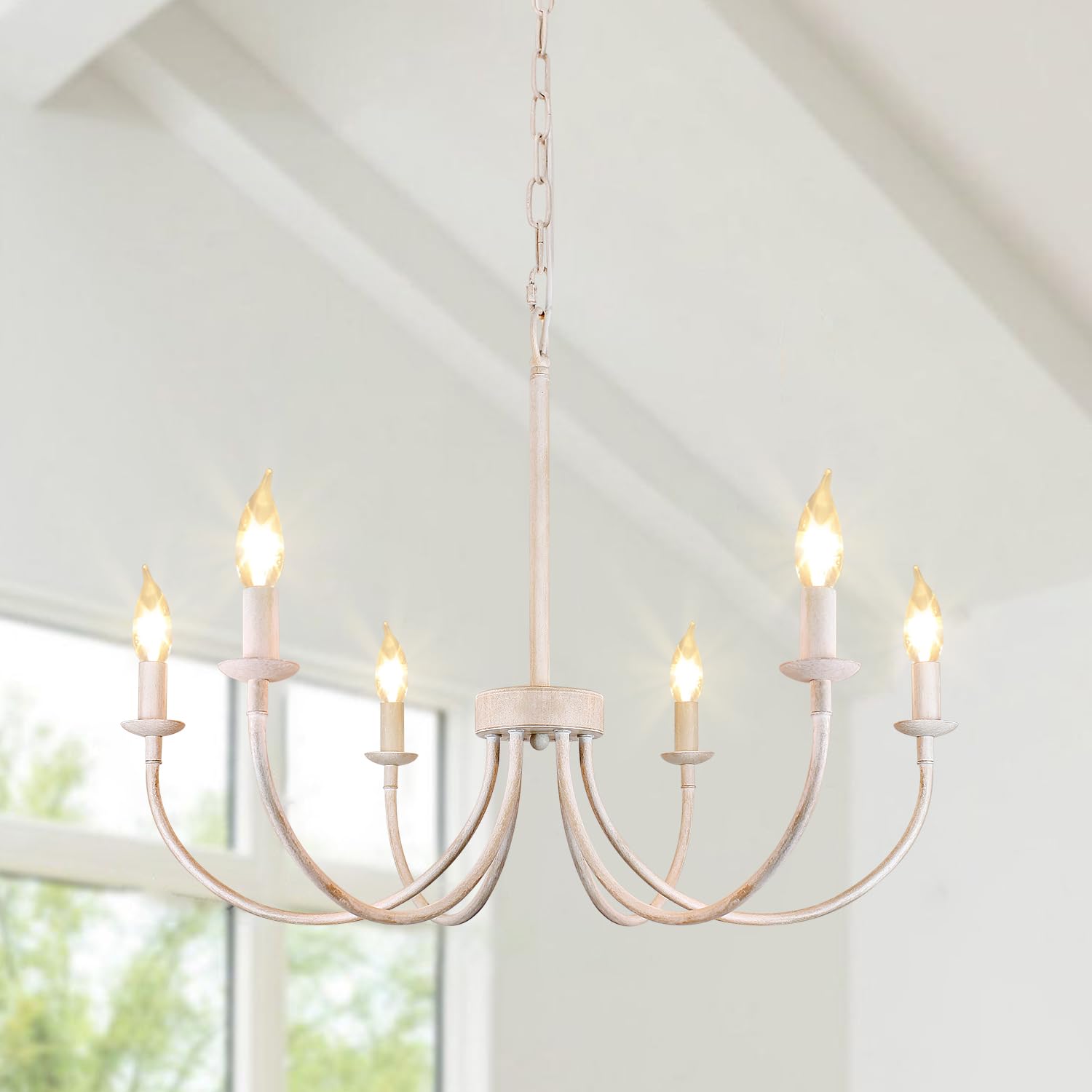 Chandelier, 6-Light Antique White Farmhouse Chandelier for Dining Room Lighting Fixtures Hanging, Candle Hanging Pendant Lights for Kitchen Living Room Bedroom Foyer