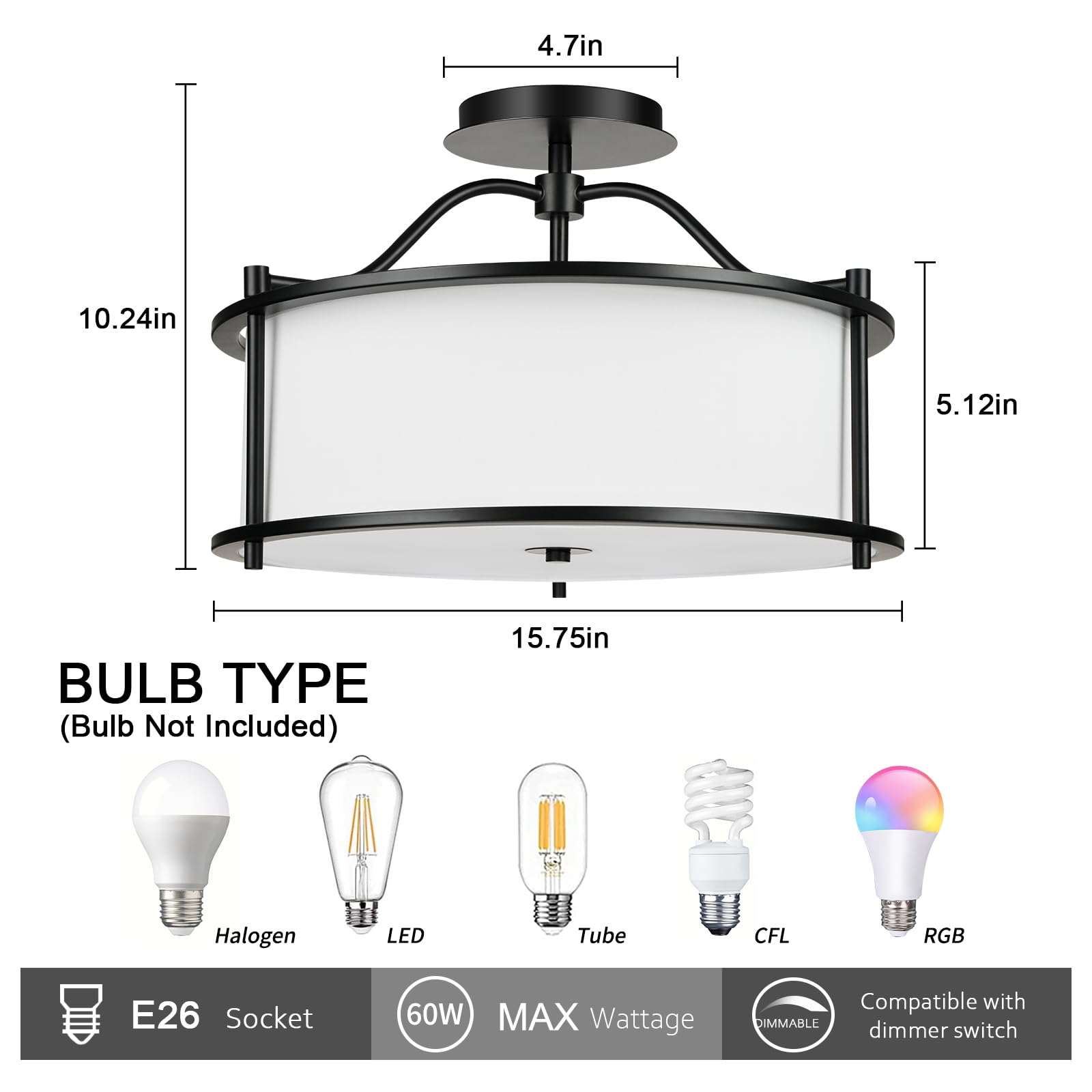 4 Light Semi Flush Mount Ceiling Light 15.7 Inches Light Fixture with Metal Frame Fabric Shade Modern Ceiling Light for Living Room Bedroom Kitchen Dining Room Entryway Hallway