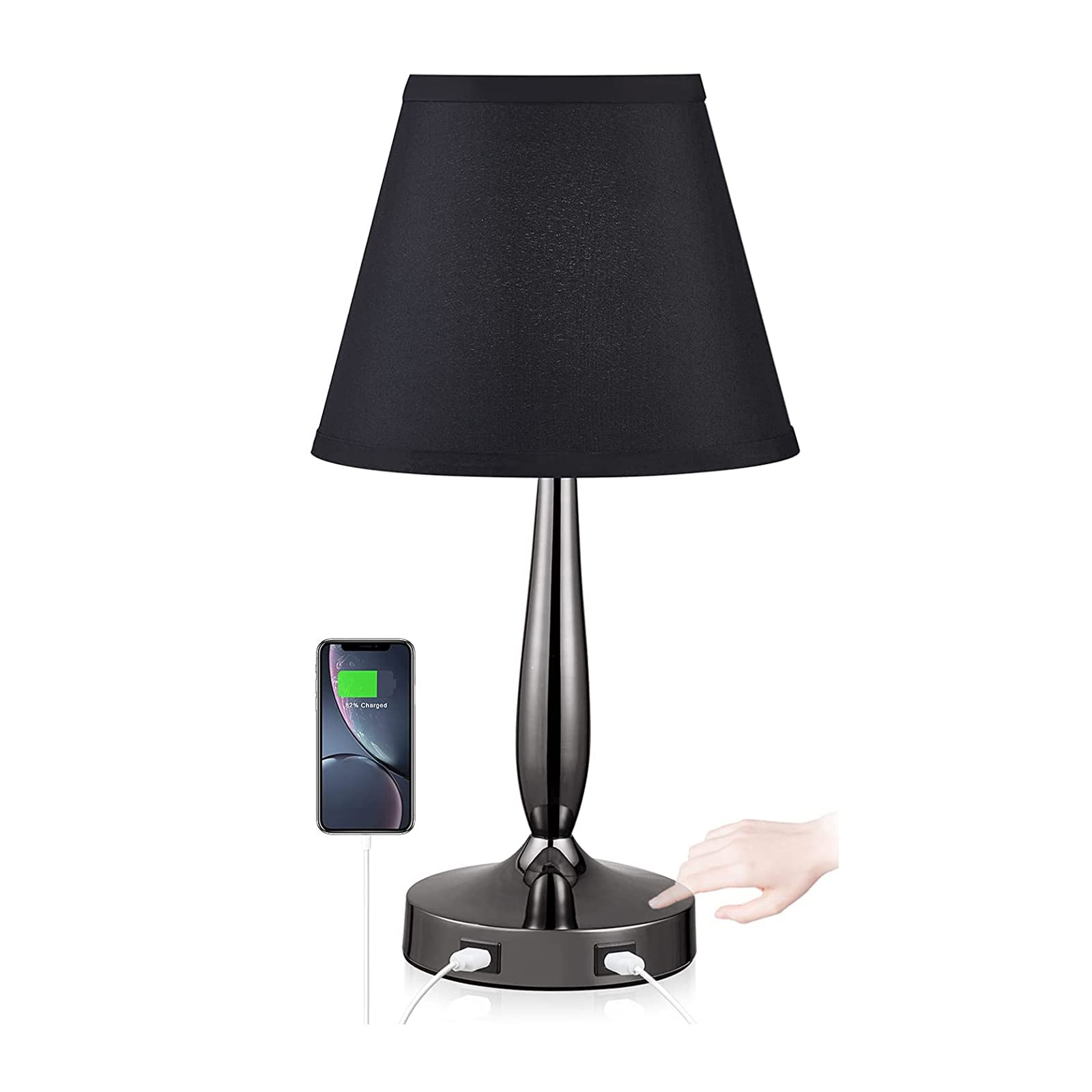 Touch Table Lamp with USB Ports, 3-Way Dimmable Modern Small Nightstand Lamp for Bedroom, Living Room & Office, Bedside Lamp w/ Grey Trapezoid Shade and Metal Base, LED Bulb Included