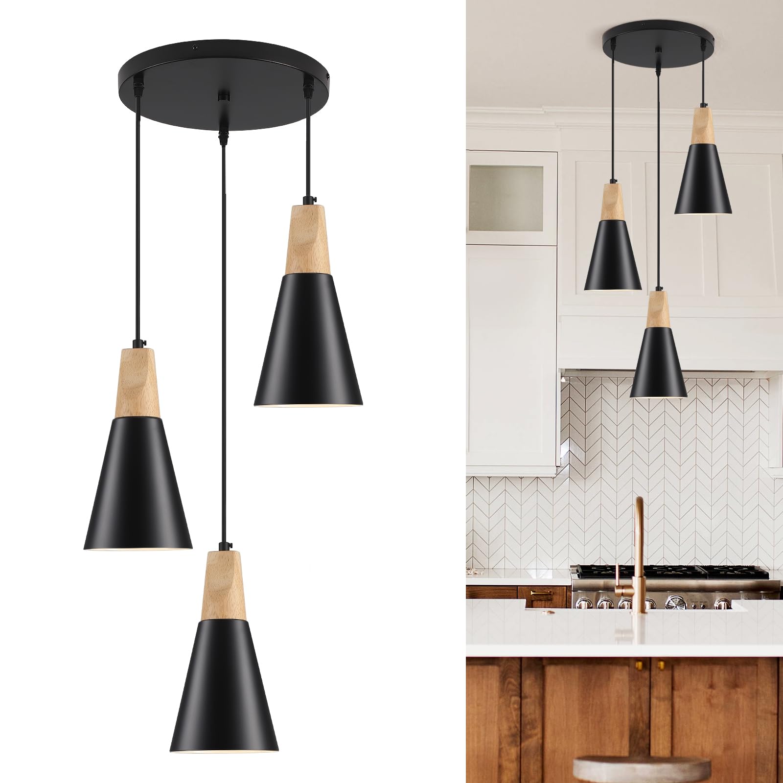 Black Wood Pendant Light Kitchen Island 3 Light, Black Cone Modern Farmhouse Kitchen Pendant Hanging Lighting for Dining Room, Restaurant, Bar, Kitchen Sink, Hallway