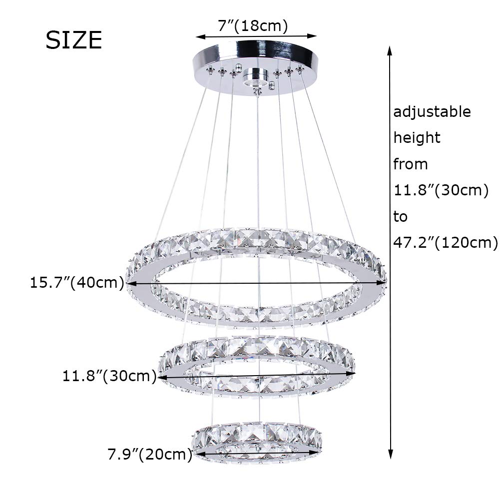 Modern LED Chandeliers Crystal Chandelier 3 Ring Round Pendant Lighting Adjustable Stainless Steel Ceiling Light Fixture for Living Room Dining Room Bedroom