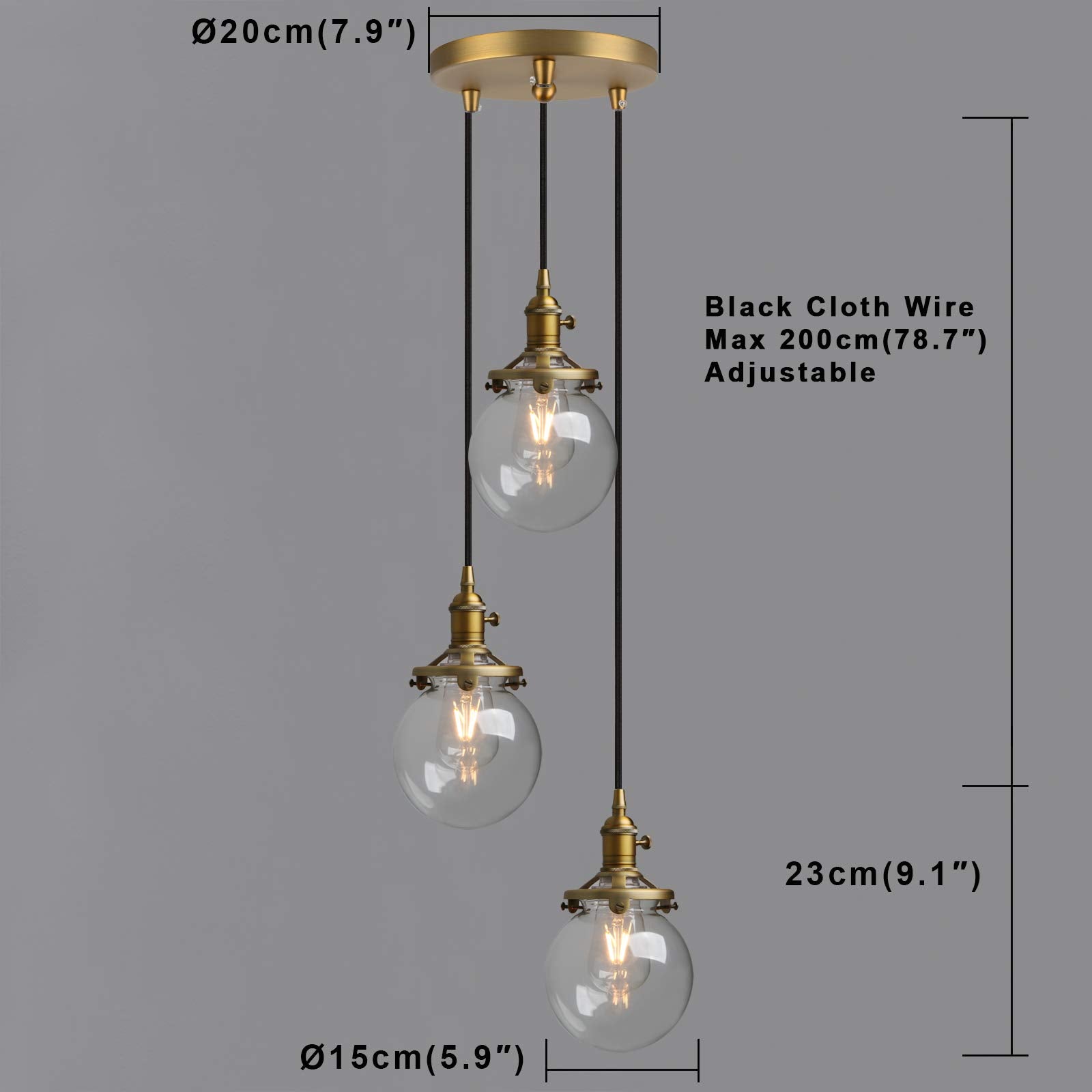 3-Light Cluster Pendant Light, Antique Brass Chandelier with 5.9" Globe Glass Shade, Foyer Chandeliers Entryway High Ceiling Staircase Lights (Antique)