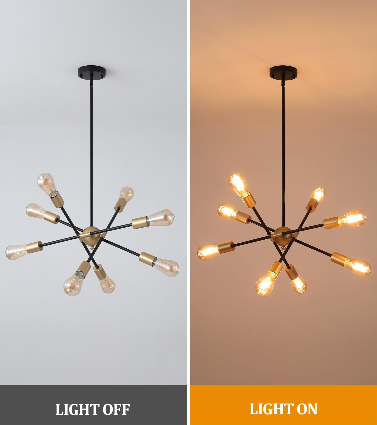 Gold Modern Sputnik Chandelier Ceiling Light Fixtures,6-Lights Industrial Metal Semi Flush Mount Ceiling Light for Bedroom Dining Room Living Room Kitchen Hallway UL Listed