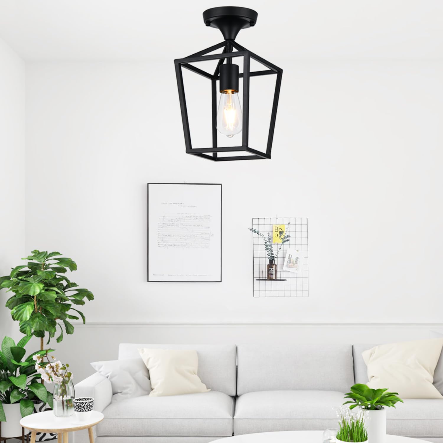 Semi Flush Mount Ceiling Light, Black Industrial Ceiling Light Fixtures, Farmhouse Light Fixture for Entryway Porch Hallway Stairway Garage Living Room Dining Room Balcony