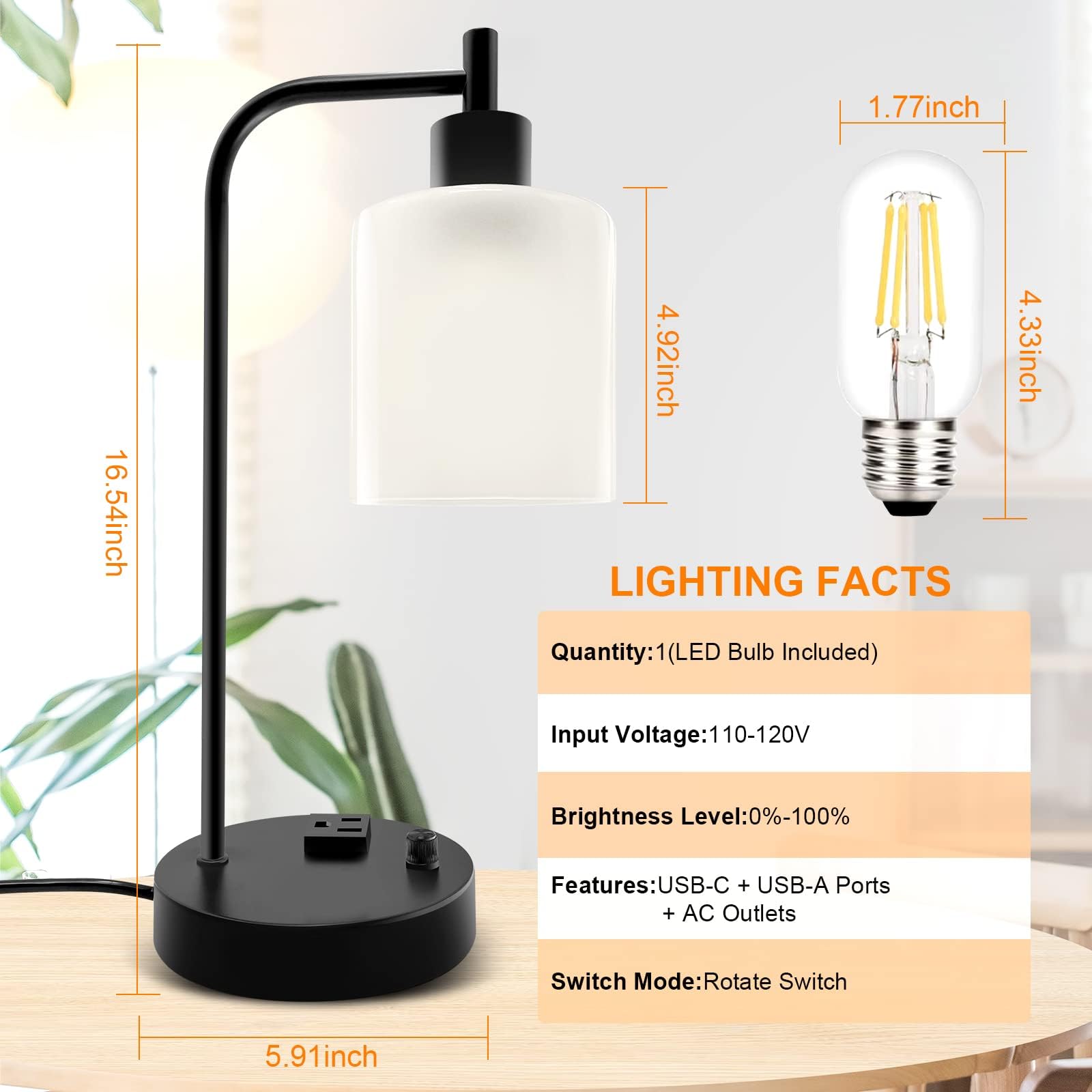 Industrial Table Lamp, Stepless Dimmable Gold Desk Lamp with 2 USB Ports and AC Power Outlet, Frosted GlassShade, Eye-Caring Bedside Nightstand Lamps(Some of The knobs are defective)