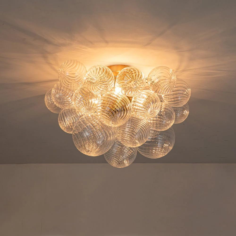 Semi Flush Mount Ceiling Bubble Ball Chandelier Lighting Dia 20 Inch Gold Clear Ribbed Blown Glass Chandeliers Ceiling Medallions Light Fixtures for Bedroom, Living Room, Entry, Bathroom