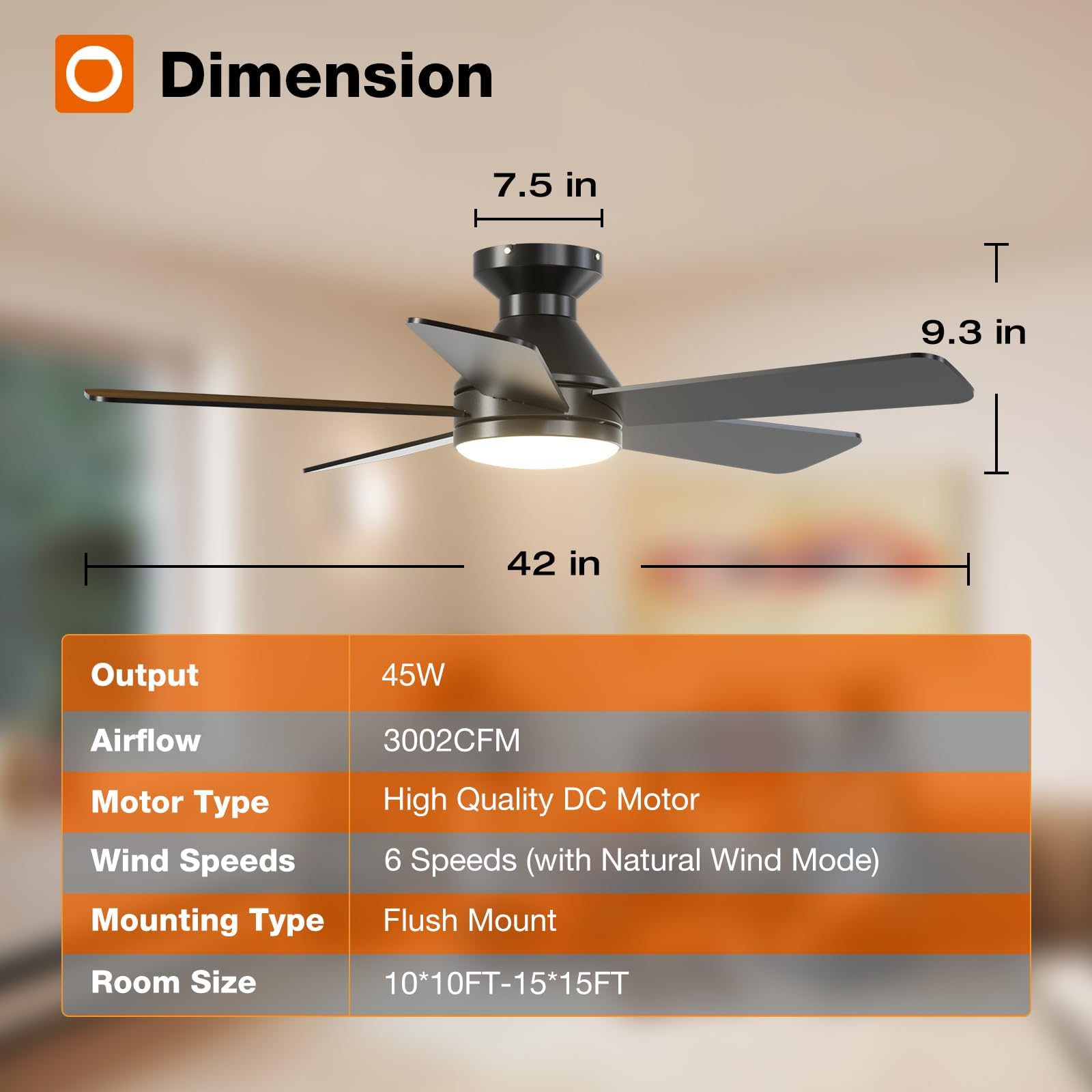 Ceiling Fans with Lights, 42 Inch Low Profile Ceiling Fan with Light and Remote Control, Flush Mount, Reversible, 3CCT, Dimmable, Quiet, Black Small Ceiling Fan for Bedroom Indoor/Outdoor Use