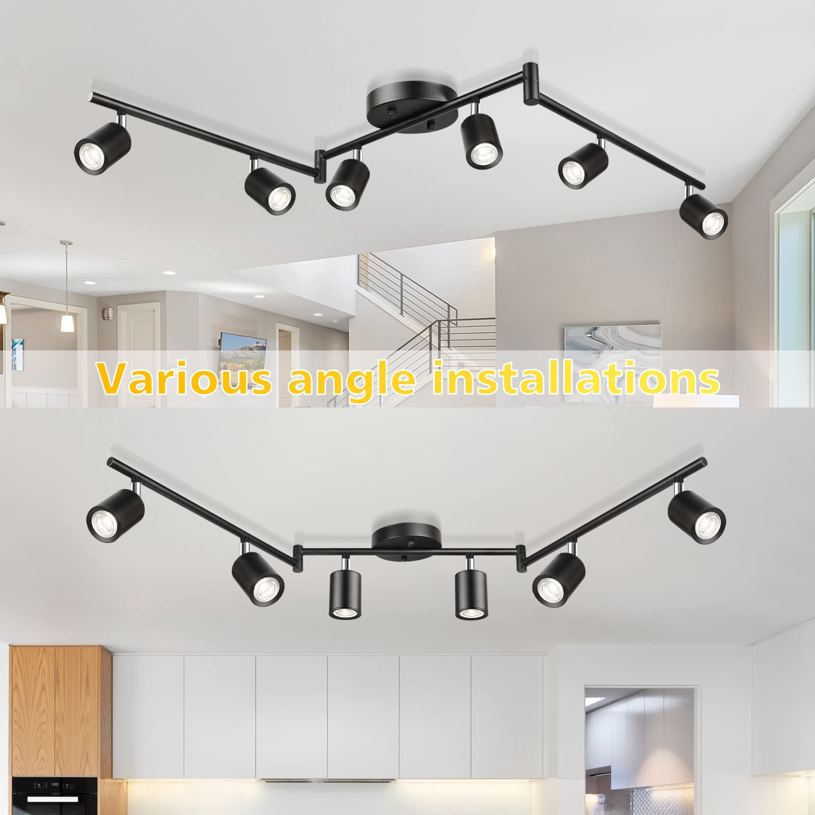 6-Light [Integrated 24W LED] Track Lighting Kit, 6 Way Rotatable Black Track Lighting Fixture Ceiling, Modern Dimmable LED Spotlight Head, 2400LM Daylight White 5000K Interior Light