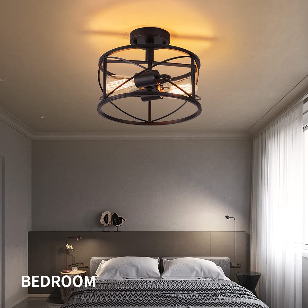 Black Semi Flush Ceiling Light Fixture, 2-Light Farmhouse Flush Mount Light Fixtures, Modern Industrial Metal Cage Pendant Lighting for Hallway, Bedroom, Kitchen, Foyer, Living Room, Dining Room