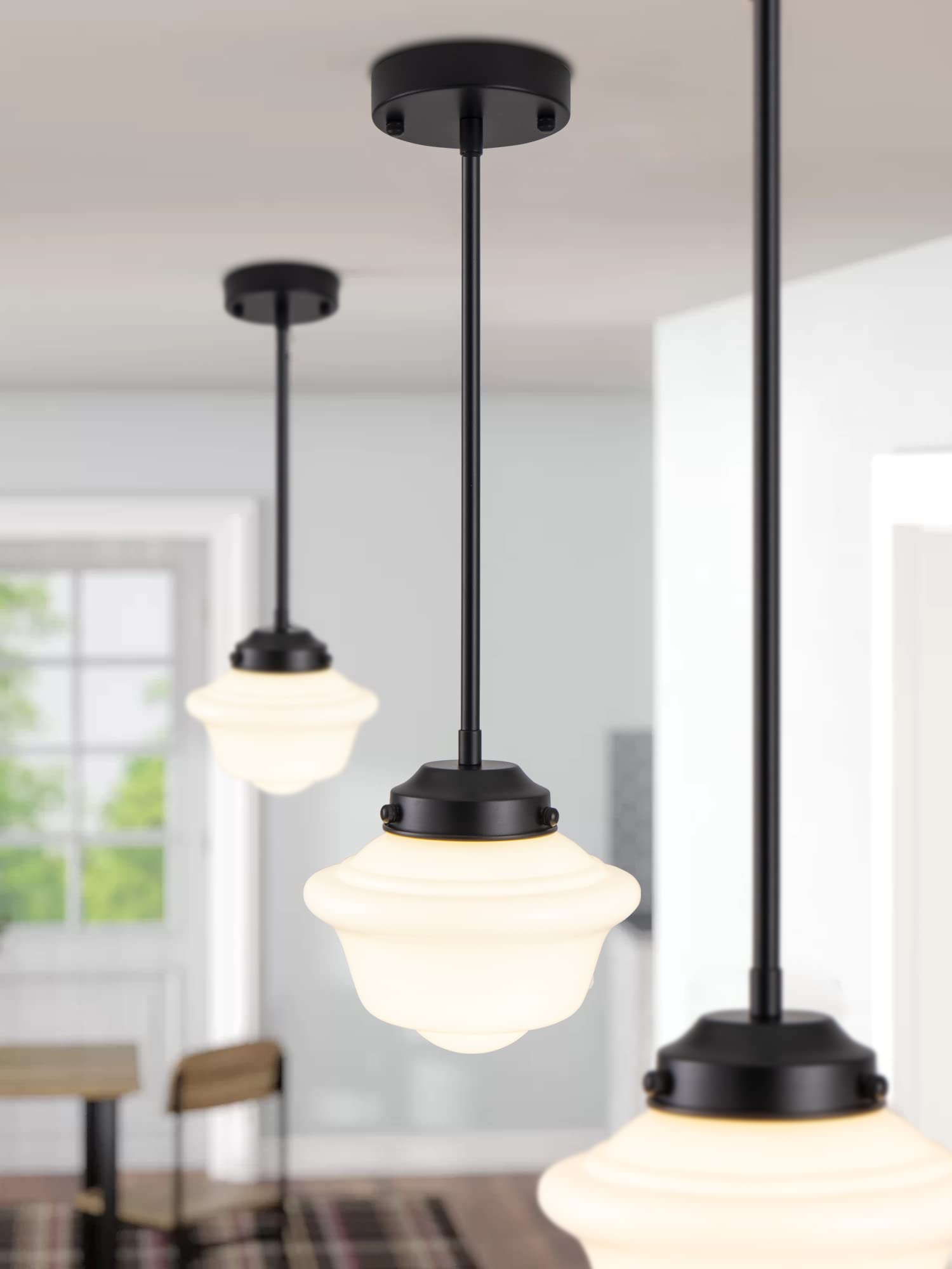 Pendant Lighting Black, 8" Milk Glass Pendant Light Shade, Farmhouse Ceiling Pendant Light Fixture with Adjustable Rods for Living Room Kitchen Dining Room Hallway Island