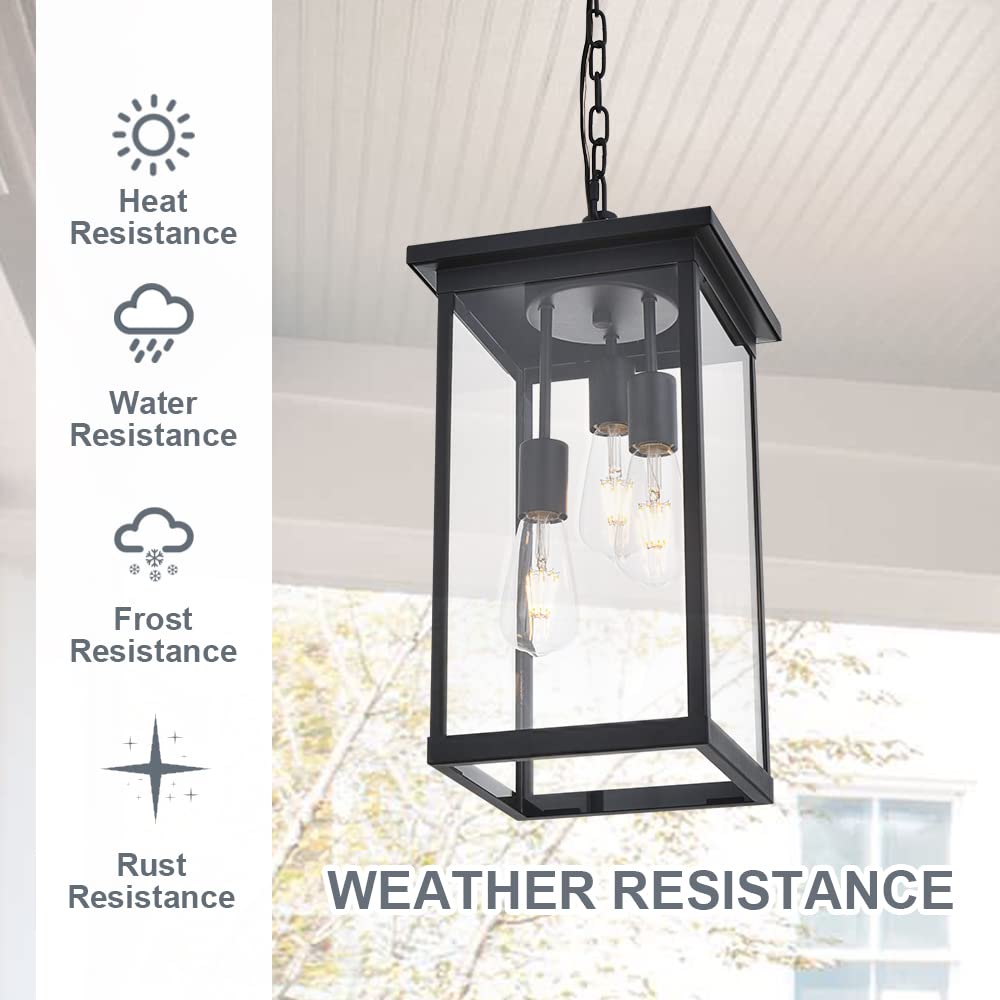 3-Lights Large Outdoor Pendant Light, Black Porch Ceiling Lighting Fixtures with Seeded Glass Panel, Exterior Hanging Lantern Adjustable Chain for Yard Entryway Patio