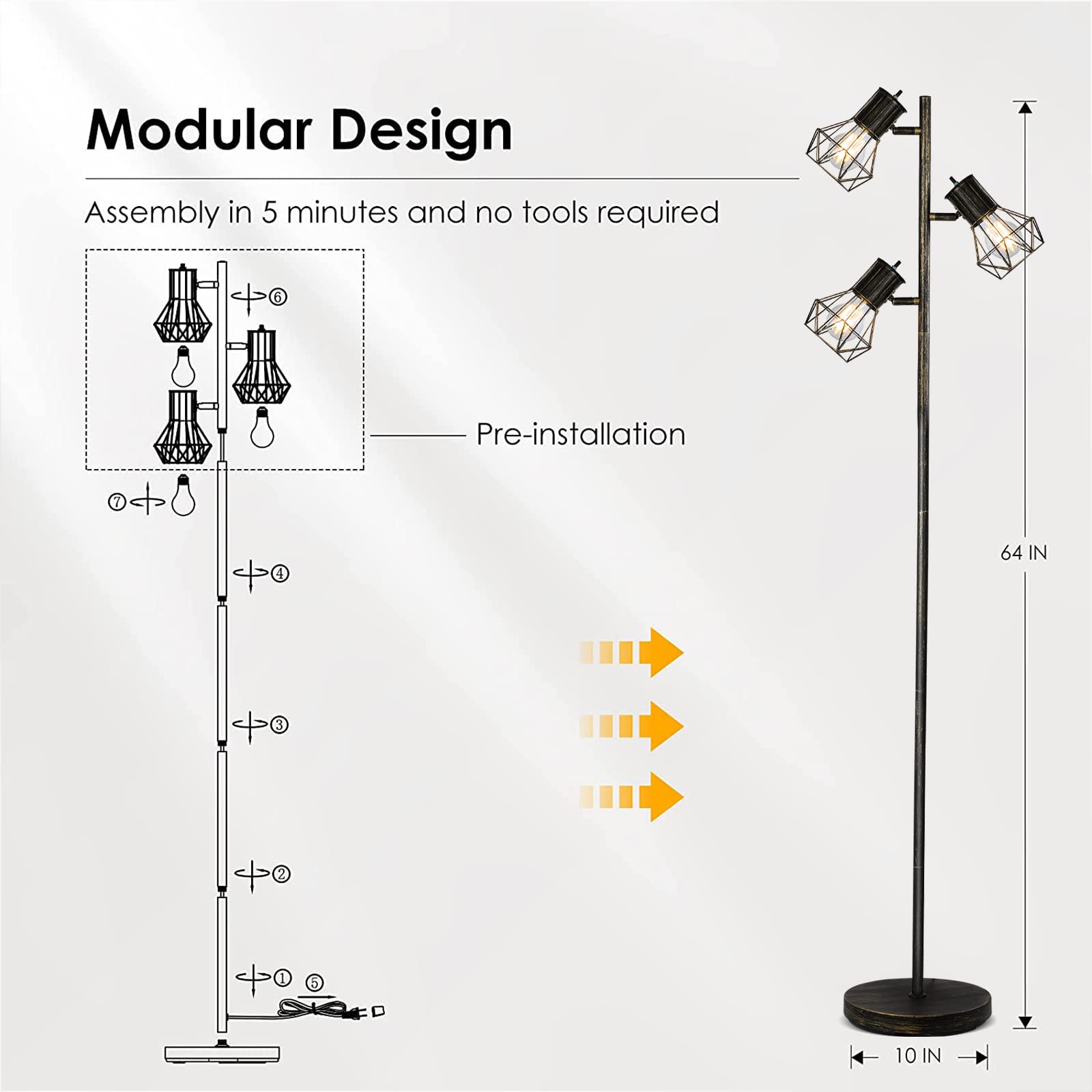 Industrial Standing Lamp with 6W LED Bulb,E26 Socket,On/Off Footswitch,Whole Metal,Modern Floor Lamp for Bedroom,Office, Living Room,Rustic,Vintage,Farmhouse