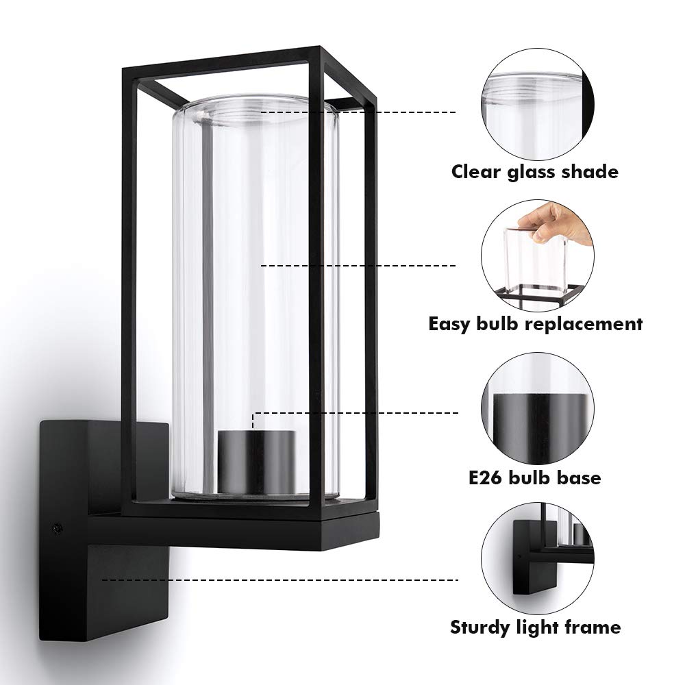 Outdoor Wall Sconce, Modern Black Porch Light Fixtures, Exterior Light Fixtures Wall Mount Light with Clear Glass, Waterproof Wall Lantern for for Garage, Doorway