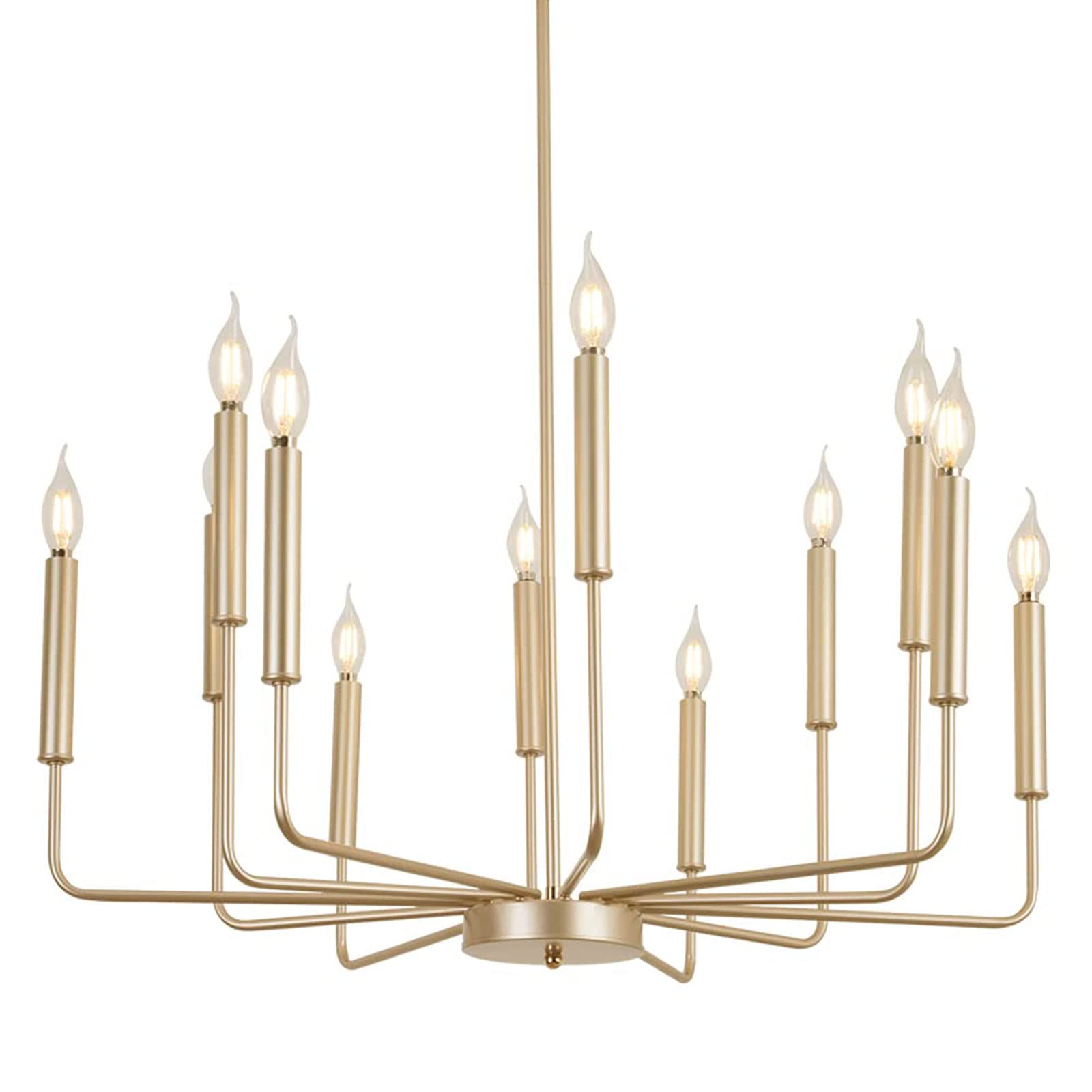 Modern Gold Chandelier, 12-Light Rustic Farmhouse Chandelier, Metal Industrial Candle Chandeliers for Dining Room, Kitchen, Foyer, Entryway, Living Room