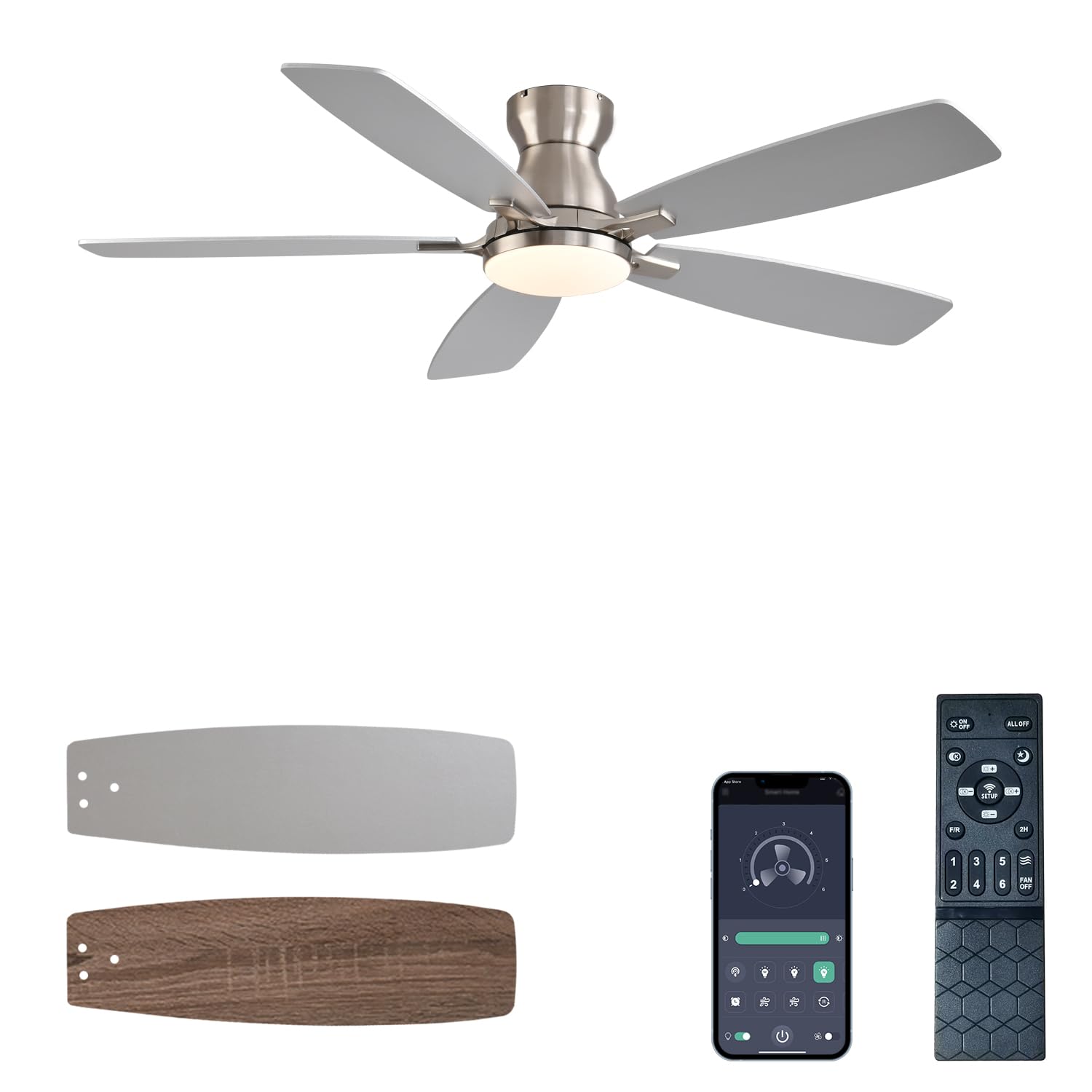 Ceiling Fans with Lights, 52 Inch Low Profile Ceiling Fan with Light and Remote Control, Flush Mount, DC Reversible Motor, Noiseless, Black 6 Speeds Ceiling Fan for Bedroom