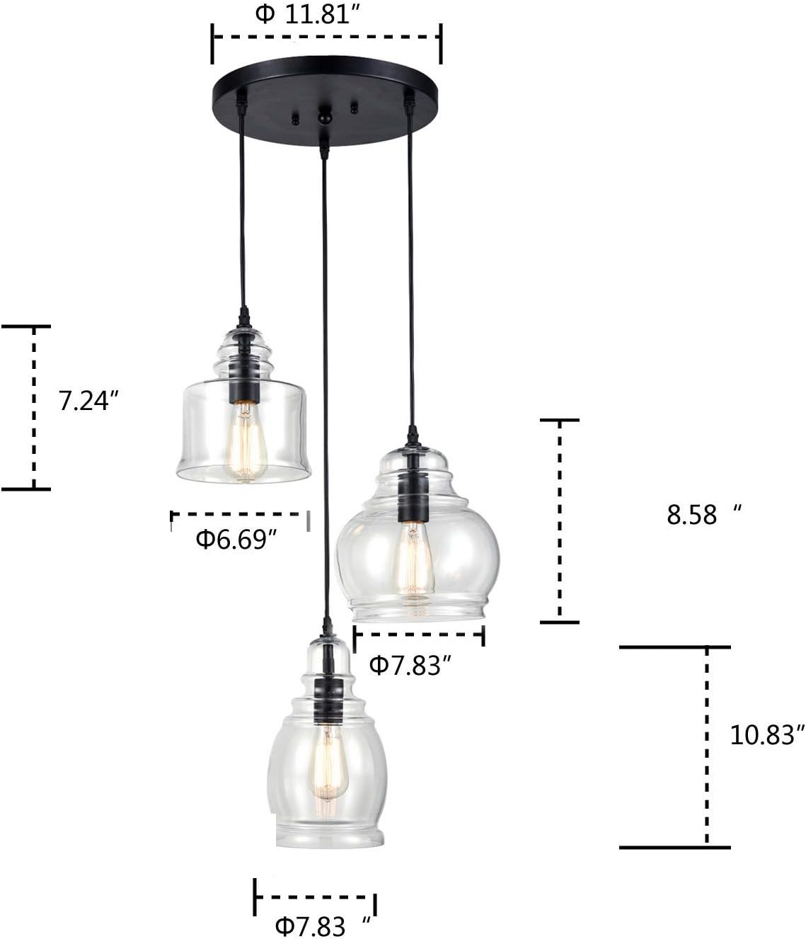 CLAXY Ecopower Vintage Kitchen Linear Island Glass Chandelier Pendant Lighting Fixture-3 Lights