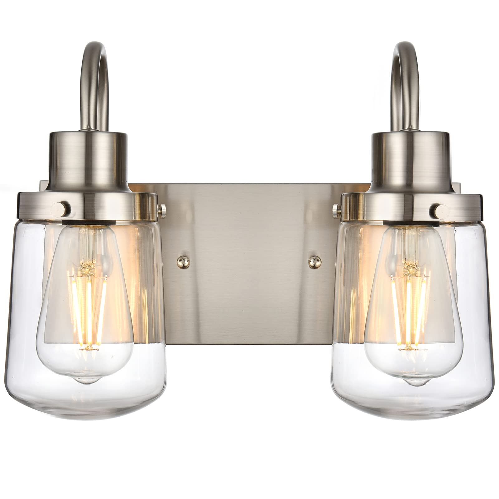 2-Lights Wall Light/Bathroom Vanity Light, Industrial Wall Sconce in Satin Nickel with Clear Glass Shades Wall Mount Light Fixtures for Living Room Bathroom Kitchen