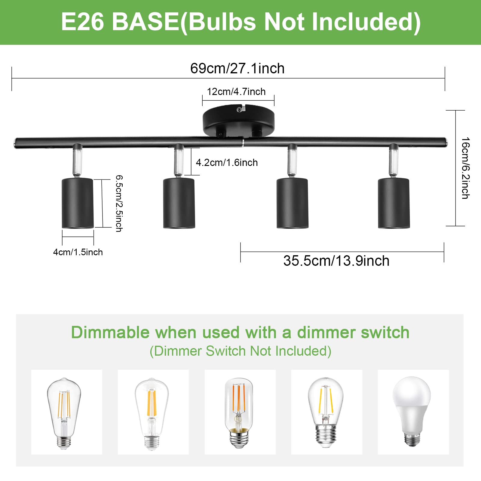 6-Light Black Track Lighting Fixtures for Ceiling, 6 Way LED Track Light Kit with Adjustable Light Heads & GU10 Socket, Adjustable Ceiling Spot Lighting for Kitchen, Dining Room, Bar, Office