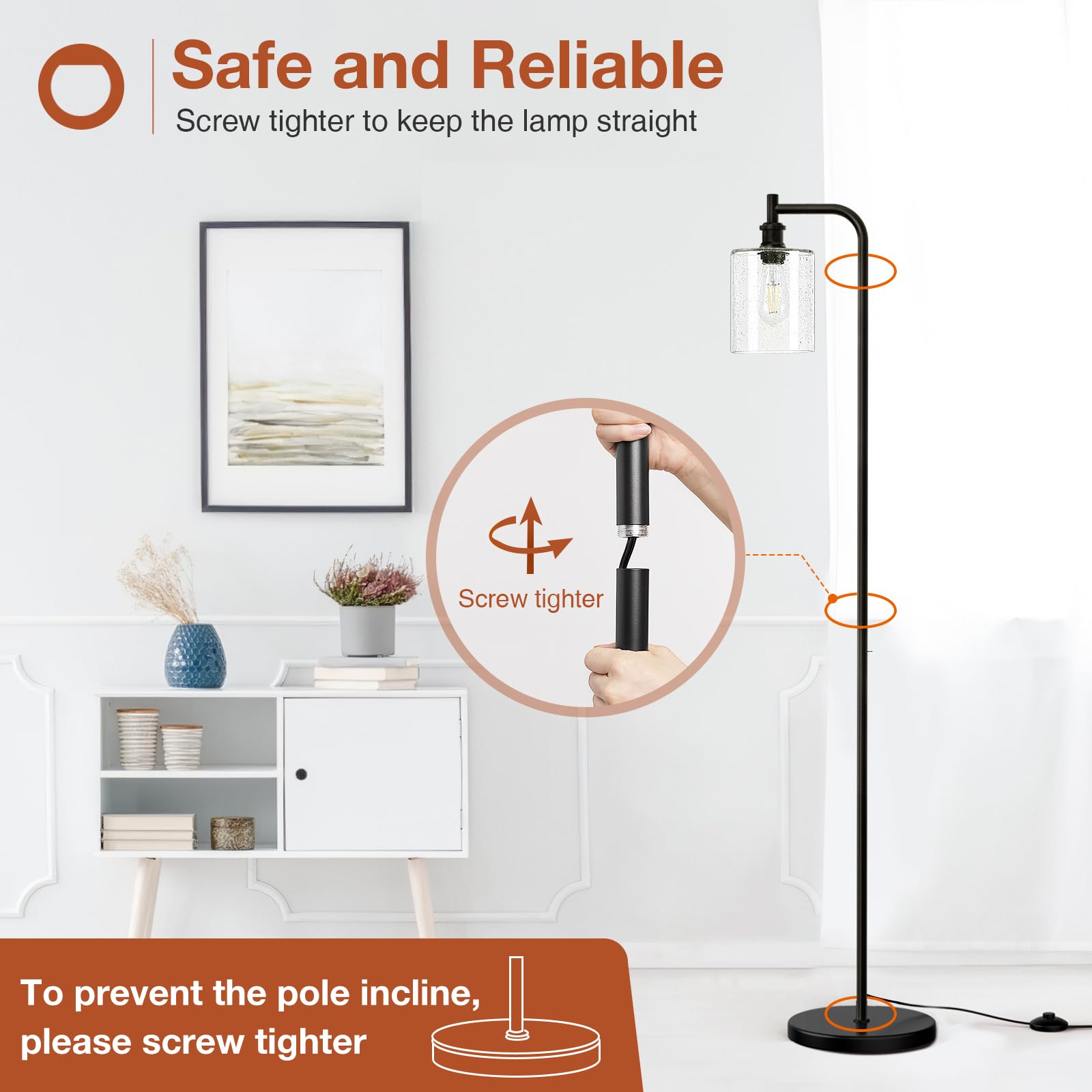 Floor Lamps for Living Room Bright Lighting with Glass lampshade, Modern Bright Floor Lamp with LED Bulbs Industrial Standing lamp for beroom, Tall Pole Lamps Office - Black