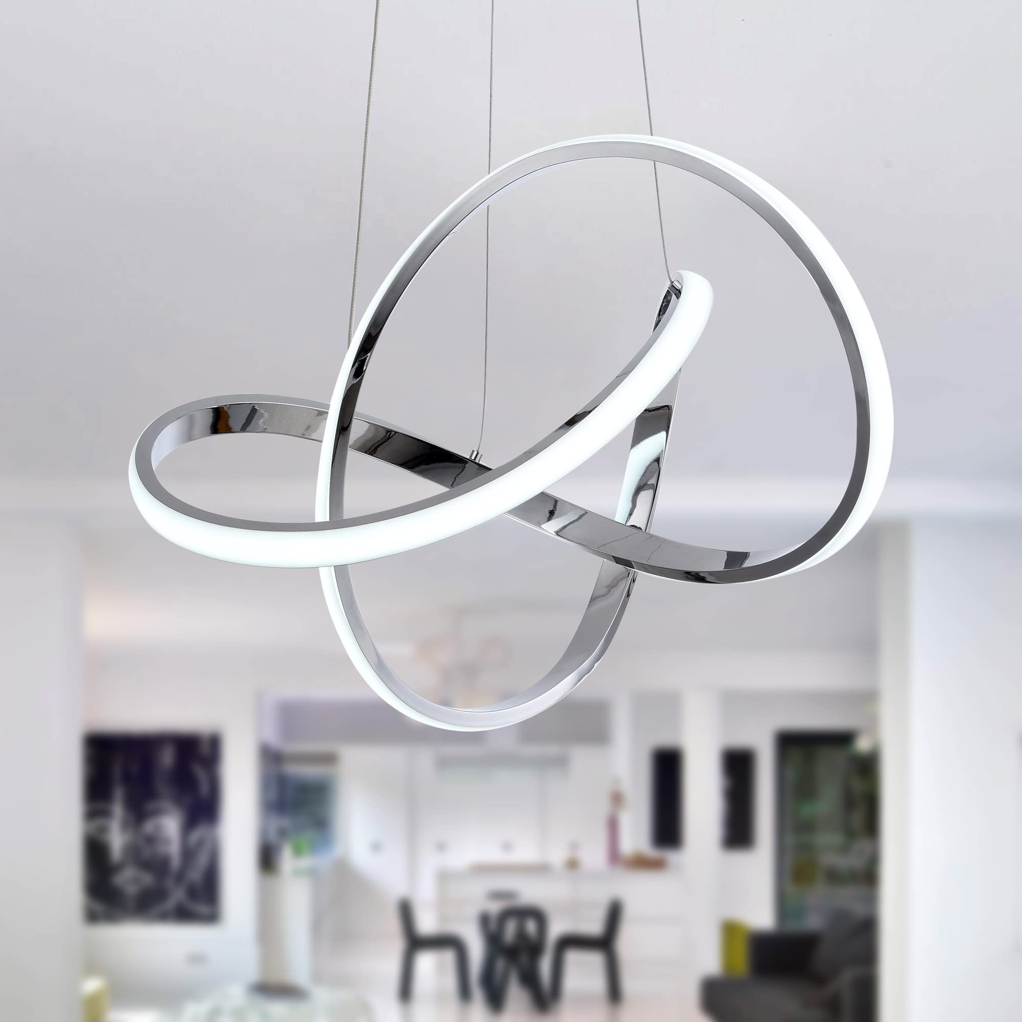 Modern LED Chandelier, LED Pendant Light in Wood Finish, Adjustable Height Chandeliers with Irregular Ring, Modern Chandeliers for Dining Room Kitchen Island Living Room Bedroom, 6000K Daylight