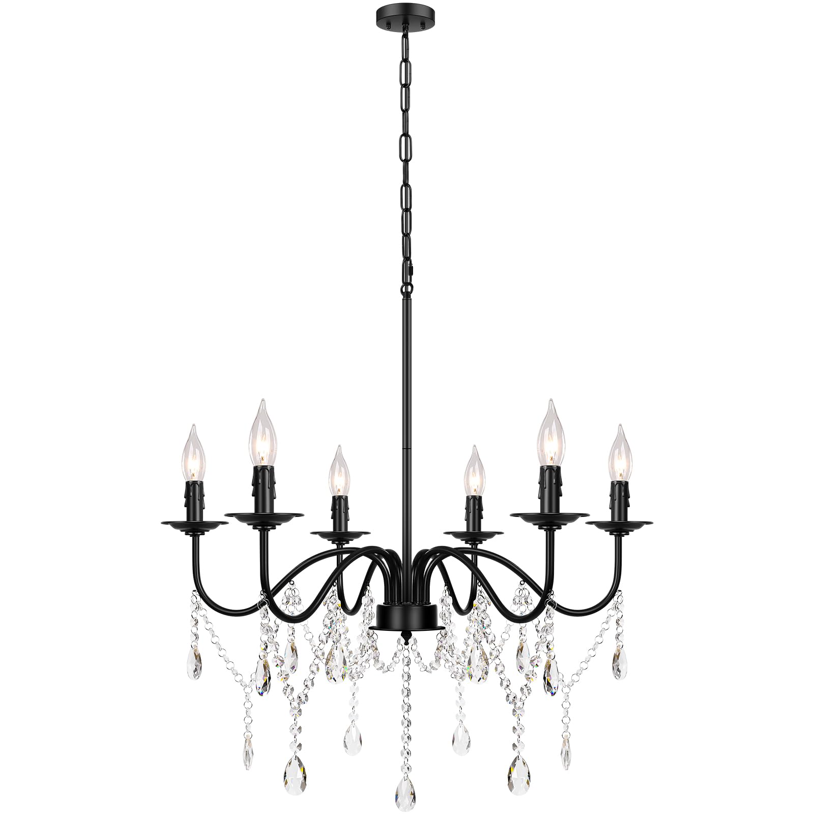 26" Black Chandelier, 6-Light Farmhouse Crystal Chandelier for Bedroom, Unique Patents Dining Room Light Fixture Over Table, Industrial Candle Hanging Pendant Light for Kitchen, Living Room, Entryway