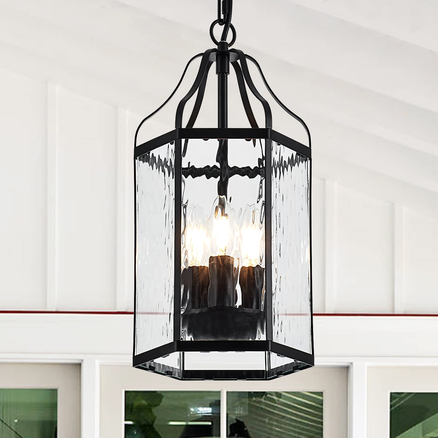 8" Modern 3-Light Exterior Black Lantern Pendant Light Fixture with Clear Rippled Glass Mini Industrial Hanging Cage Chandelier for Outdoor Kitchen Dining Room Hallway Entryway Foyer Porch