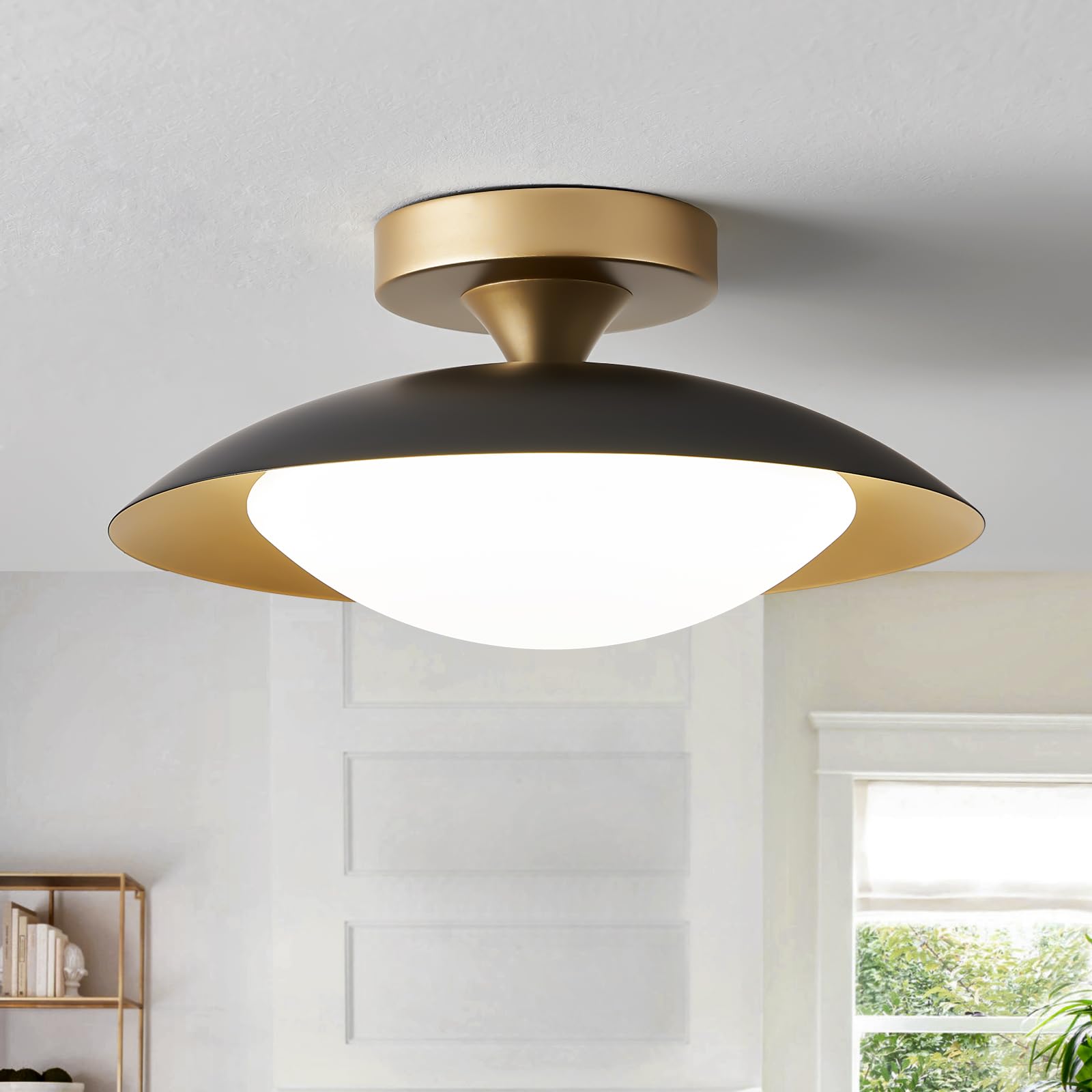 Dimmable White and Gold Ceiling Light, Mid-Century Semi-Flush Mount Ceiling Light, Modern LED Lighting Fixture, 5CCT 2700K-6000K Ceiling Lamp for Bedroom Hallway Laundry Room Kitchen 11.8 in