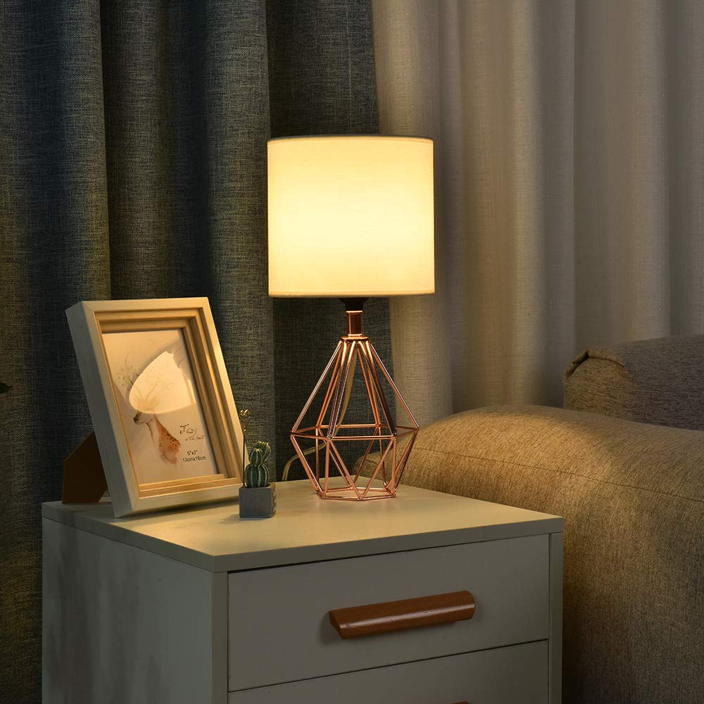 Gold Modern Hollow Out Base Bedroom Small Table Lamp,Bedside Nightstand Lamp with Geometric Metal Base White Fabric Shade,Cute Desk Lamp for Kids Living Room