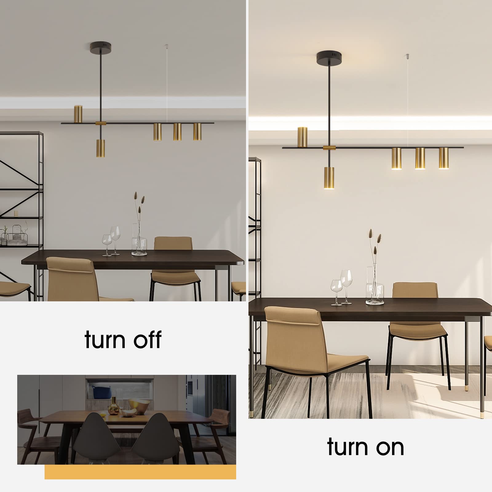 Pendant Light Fixtures, Dimmable Modern LED Chandelier Lighting with Spotlights, Adjustable Linear Hanging Pendant Light for Kitchen Island Dining Room Living Room (Black,Gold 30W)