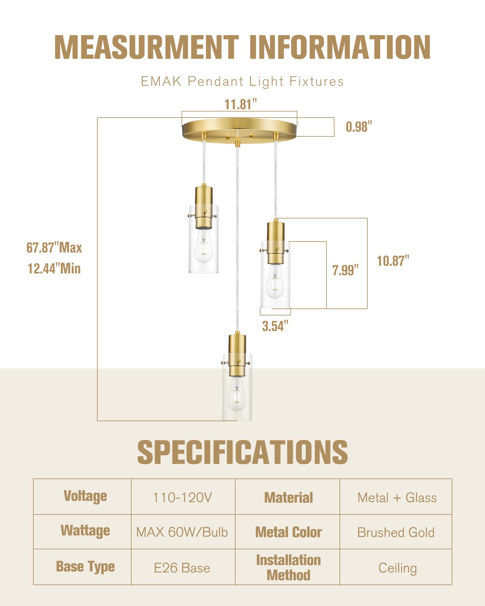 Emak Gold Pendant Light Fixtures, 3-Light Pendant Lights with Clear Glass Shade, Modern Farmhouse Hanging Lights for Kitchen Island, Dining Room, Bathroom, Bedroom, PL120-GD-CL