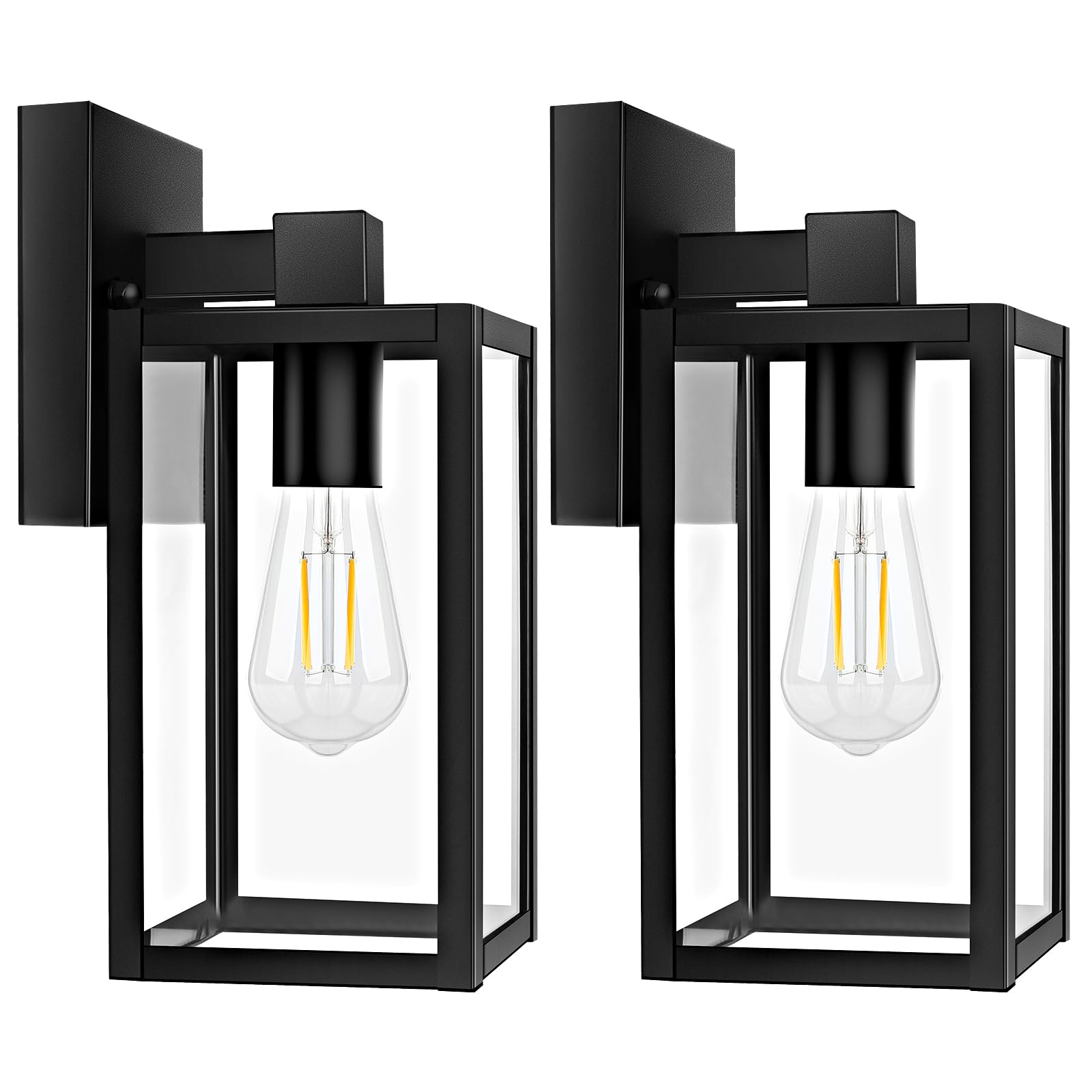 2-Pack Outdoor Light Fixtures Wall Mount, Waterproof Exterior Wall Lanterns with Clear Glass, Anti-Rust Outside Black Wall Sconces, Front Porch Lights for House Garage Doorway, Bulbs Not Included