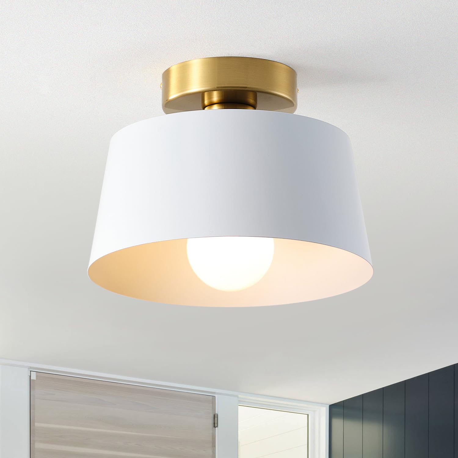 Modern Semi Flush Mount Ceiling Light with Gold Plate and Matte White Shade, Farmhouse Ceiling Light Fixture for Kitchen Island Dining Room Foyer Hallway Porch Barn Loft，10in (White)