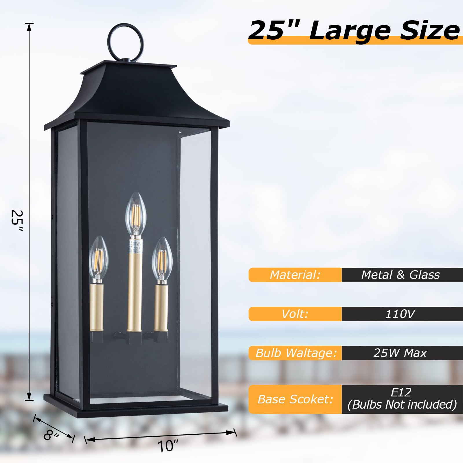 Outdoor Wall Lantern 2-Light, 21" Large Outside Wall Sconce, Modern Black Wall Light Fixture with Glass, Waterproof Exterior Lamp for House, Porch, Garage